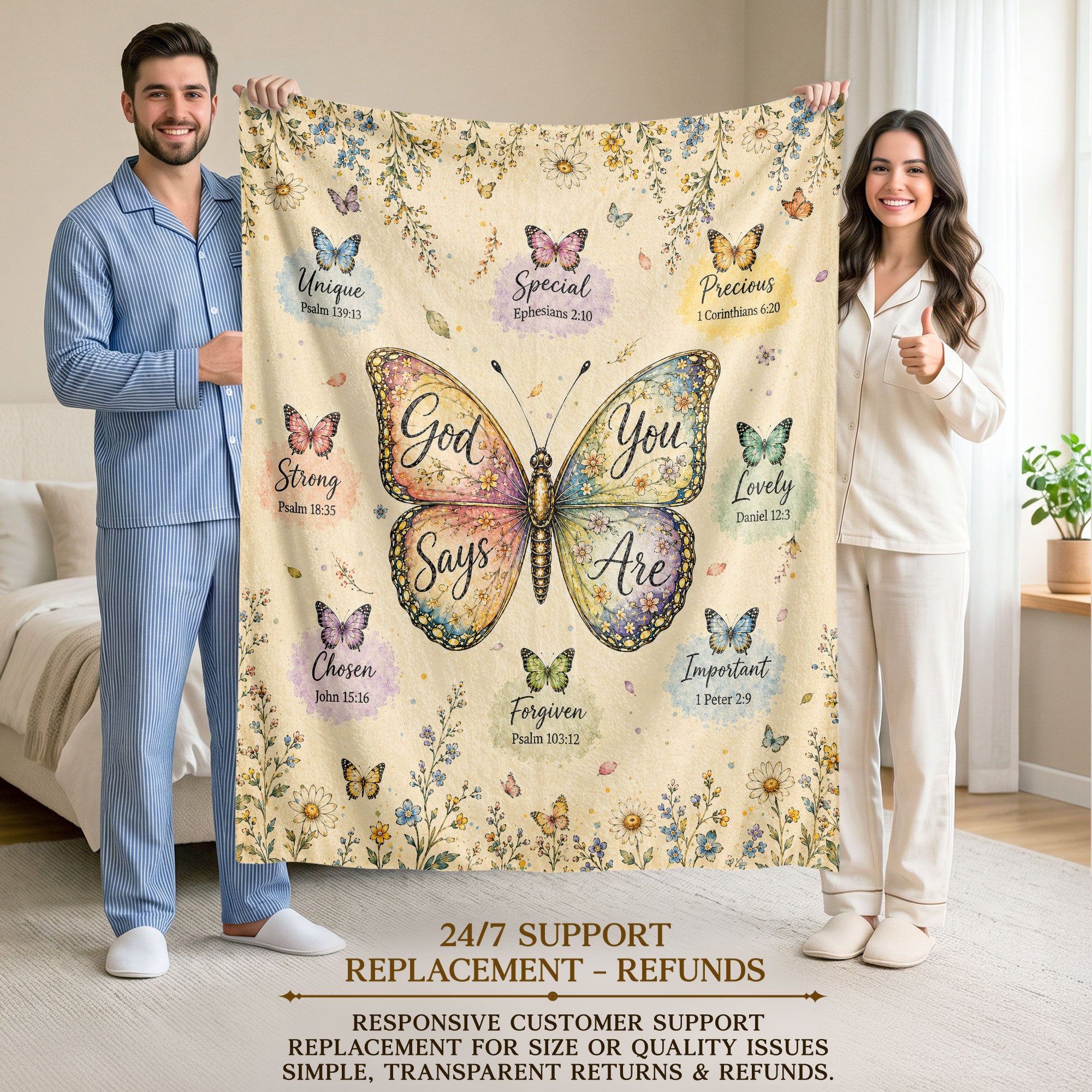 God Says You Are Butterfly Blanket with Bible Verses and Christian Floral Artwork
