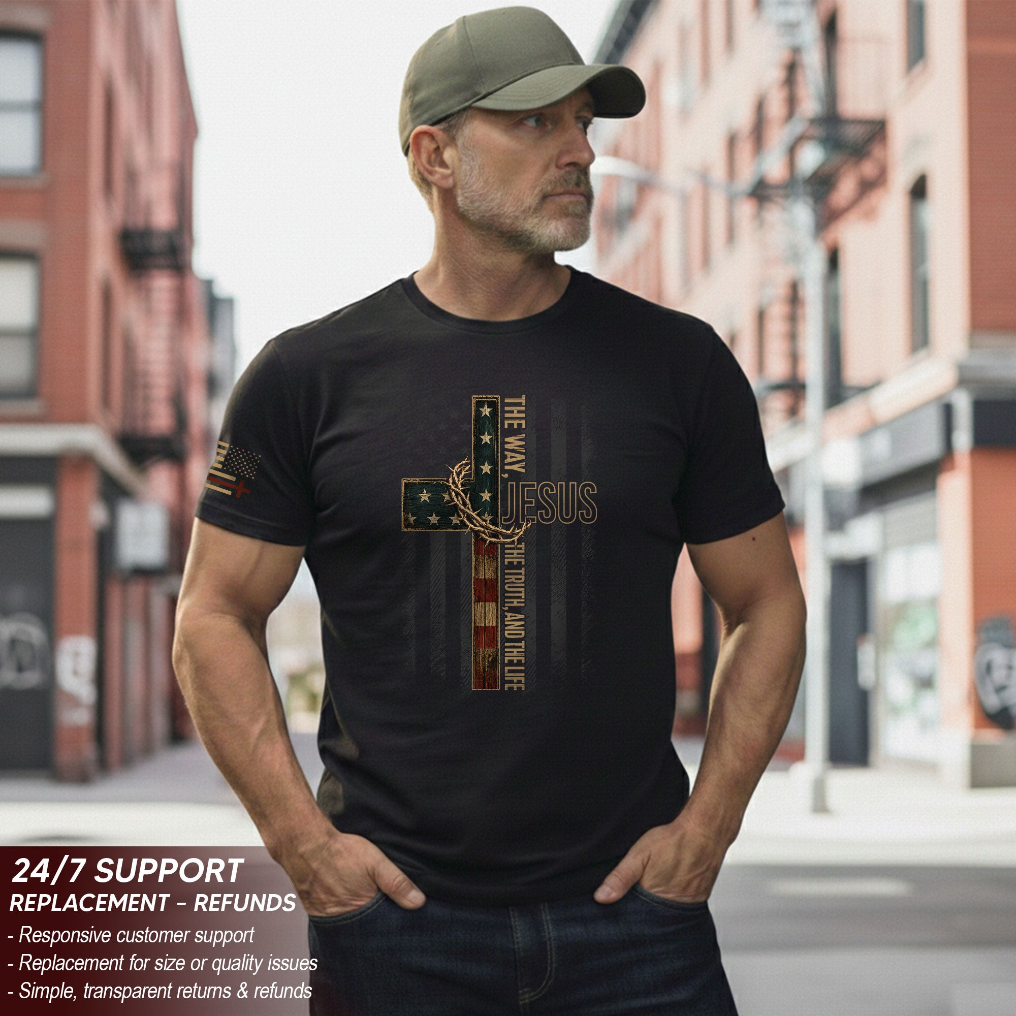 Jesus The Way The Truth And The Life American Flag Cross Crown Of Thorns T Shirt Men