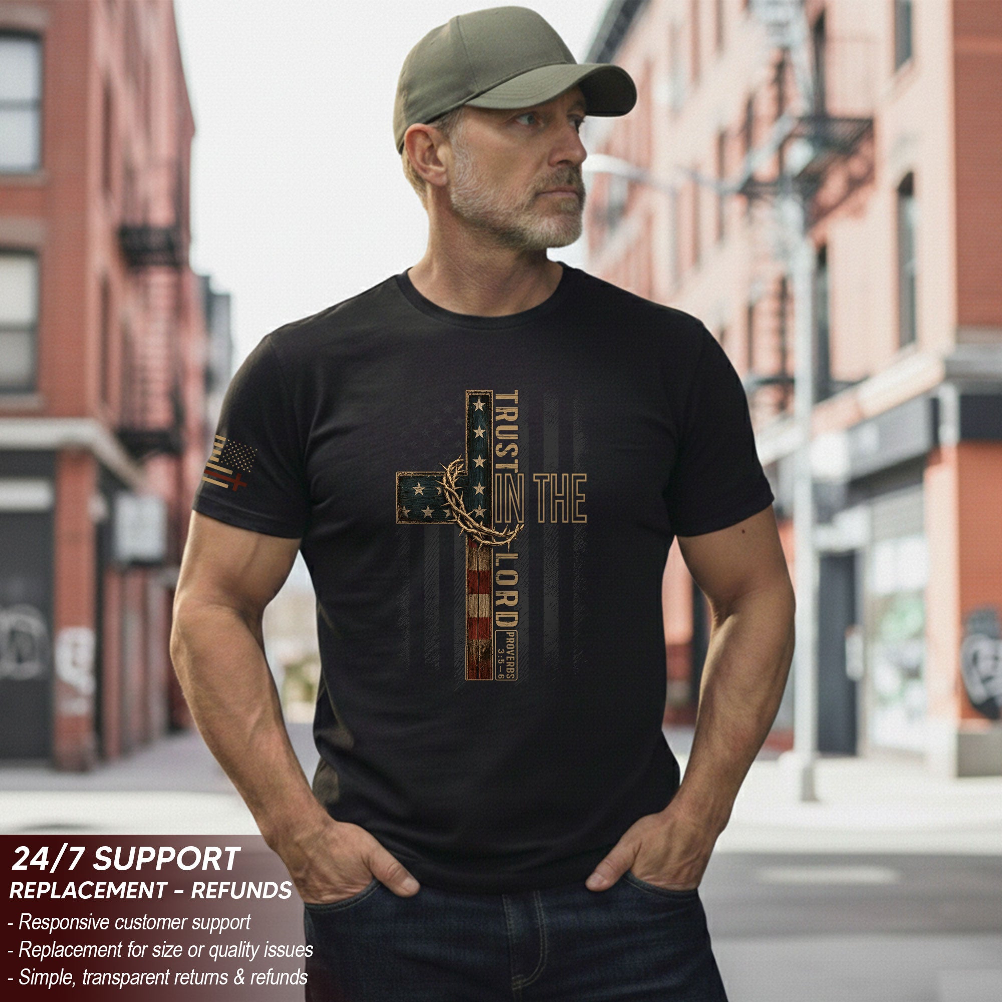 Trust In The Lord Proverbs American Flag Crown Of Thorns Christian Graphic T Shirt Men