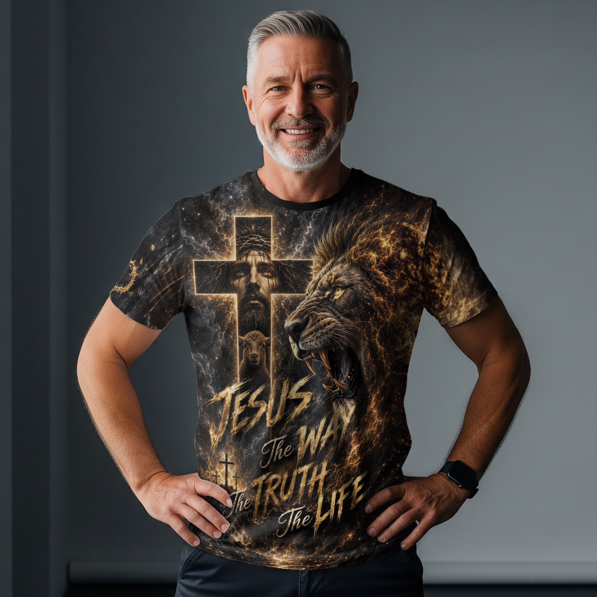 Jesus The Way The Truth The Life Lion Lamb Cross Christian 3D Graphic Tee Shirt Men
