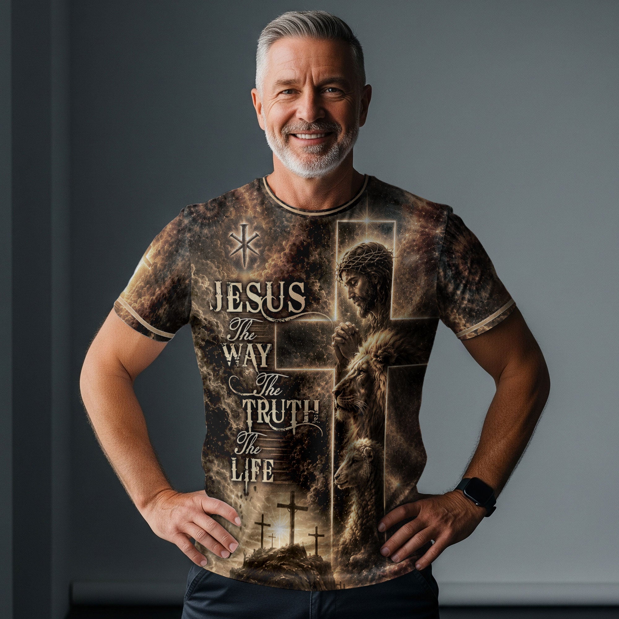 Jesus The Way The Truth The Life Christian Lion Lamb Cross 3D Graphic Shirt for Men