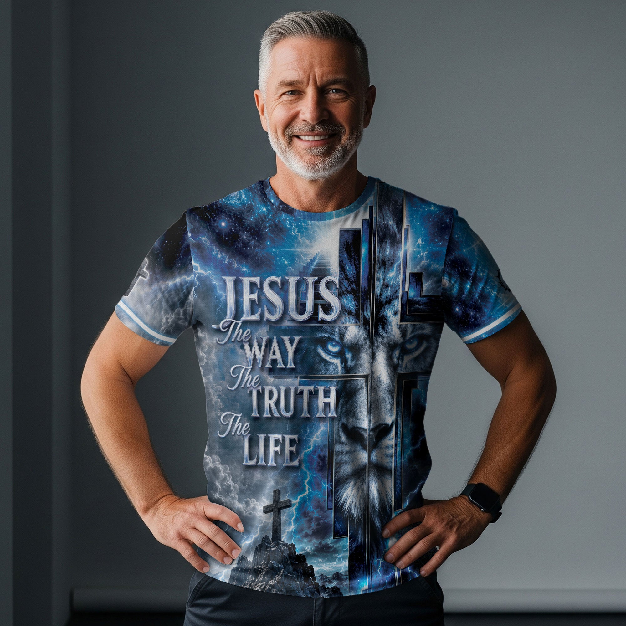 Jesus The Way The Truth The Life Blue Lion Cross Christian 3D Graphic Tee Shirt Men