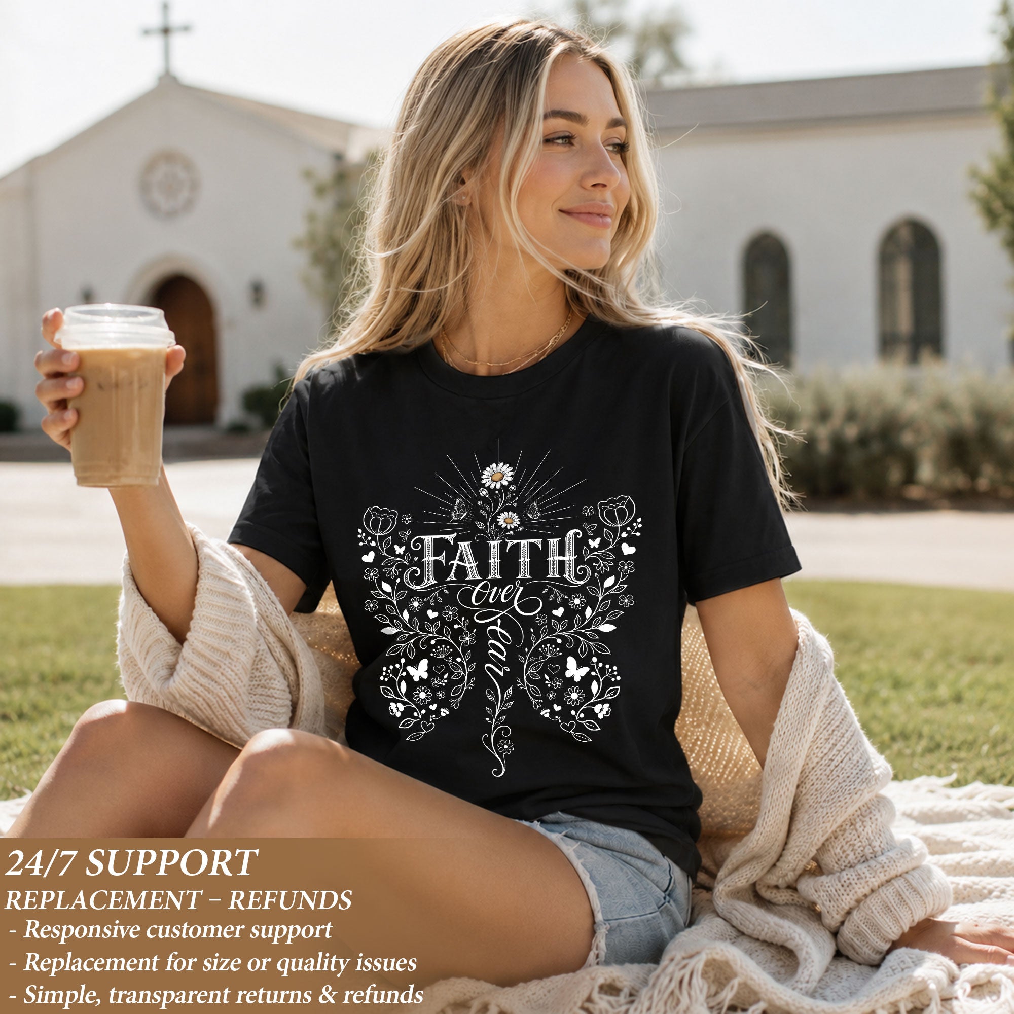 Faith Over Fear Butterfly Floral Christian Graphic Casual Crewneck Tee Shirt Women