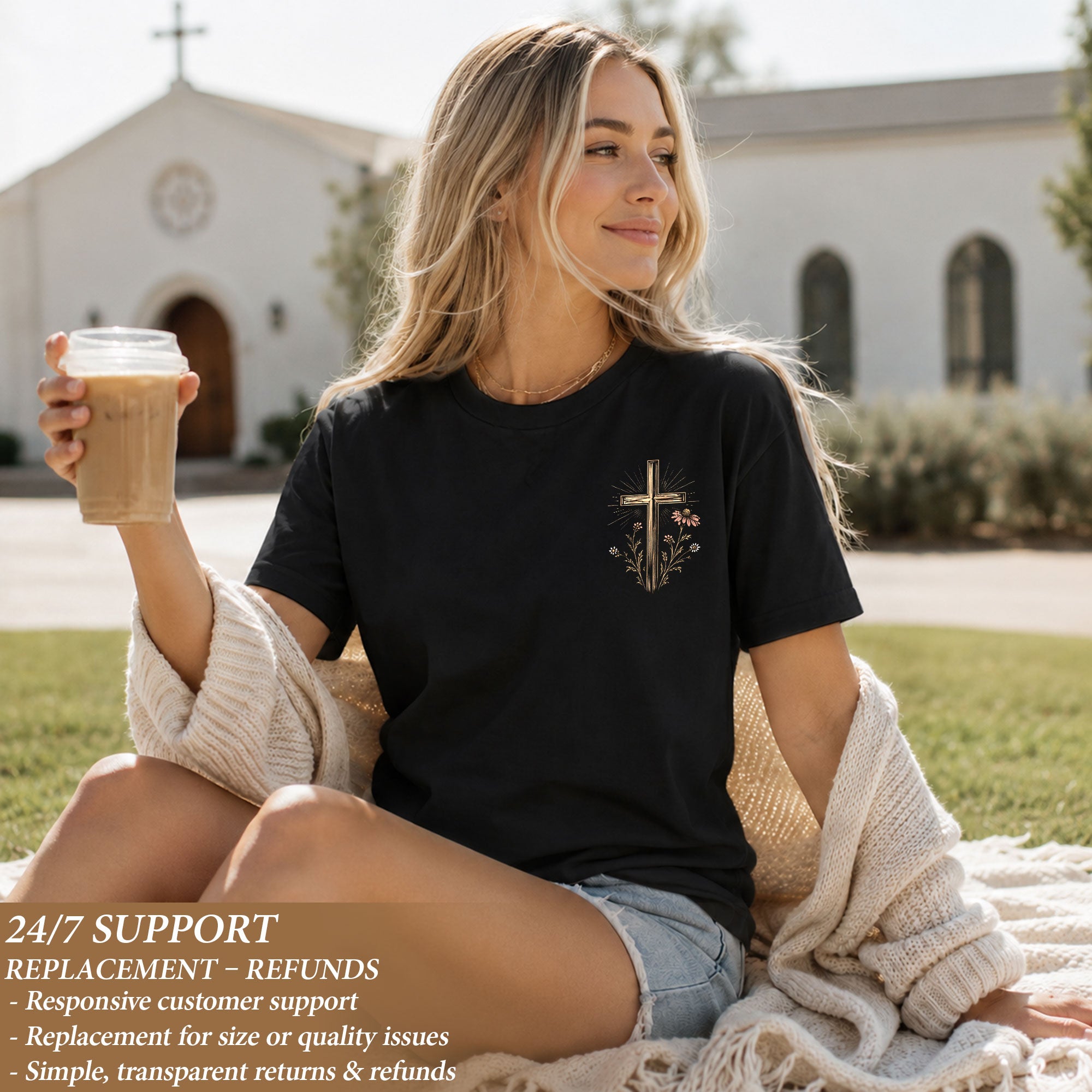 Faith Over Fear Mountain Cross Floral Christian Graphic Casual Crewneck Tee Women