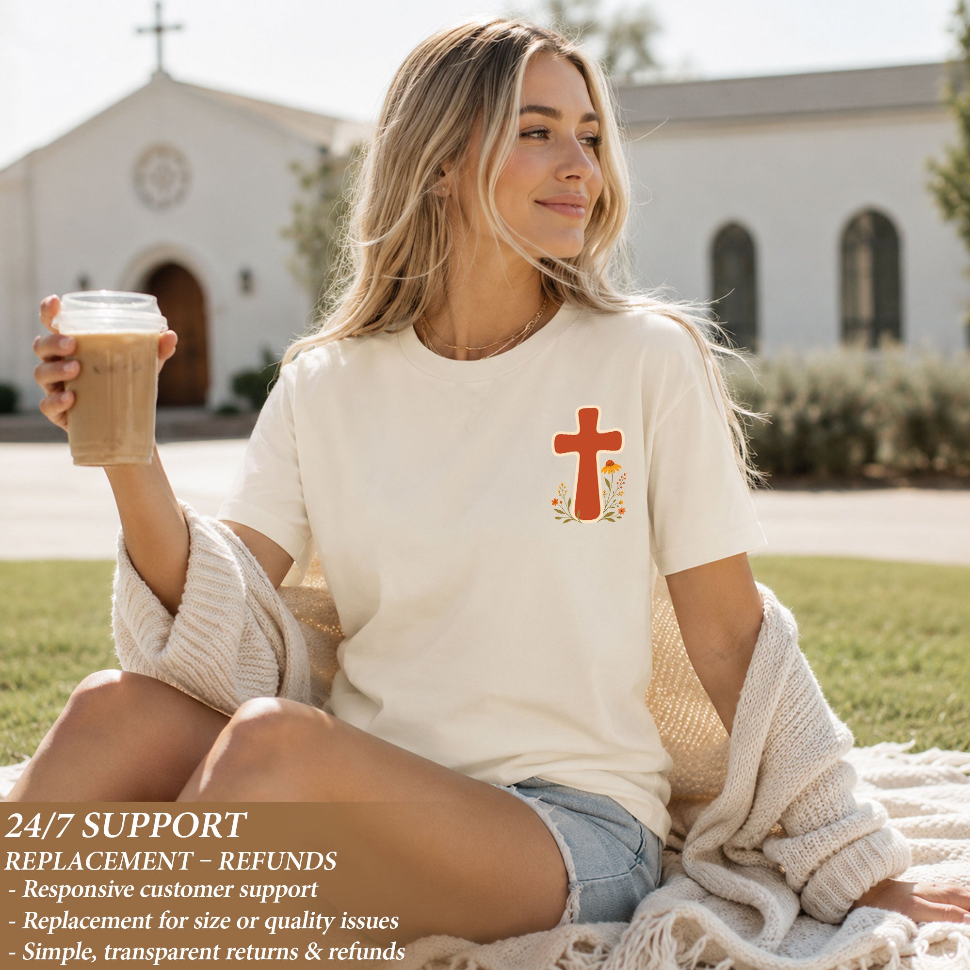 Faith Over Fear Retro Sun Floral Christian Graphic Casual Crewneck Tee Shirt Women