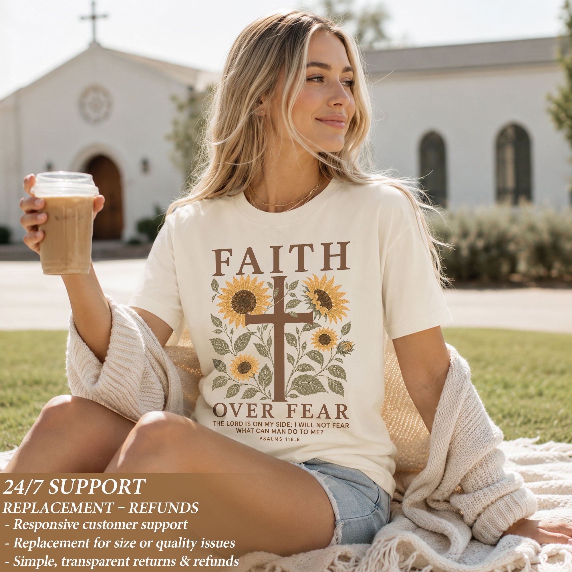 Faith Over Fear Shirt Christian Women Sunflower Cross Shirt Psalm 118 Bible Verse Floral Tee