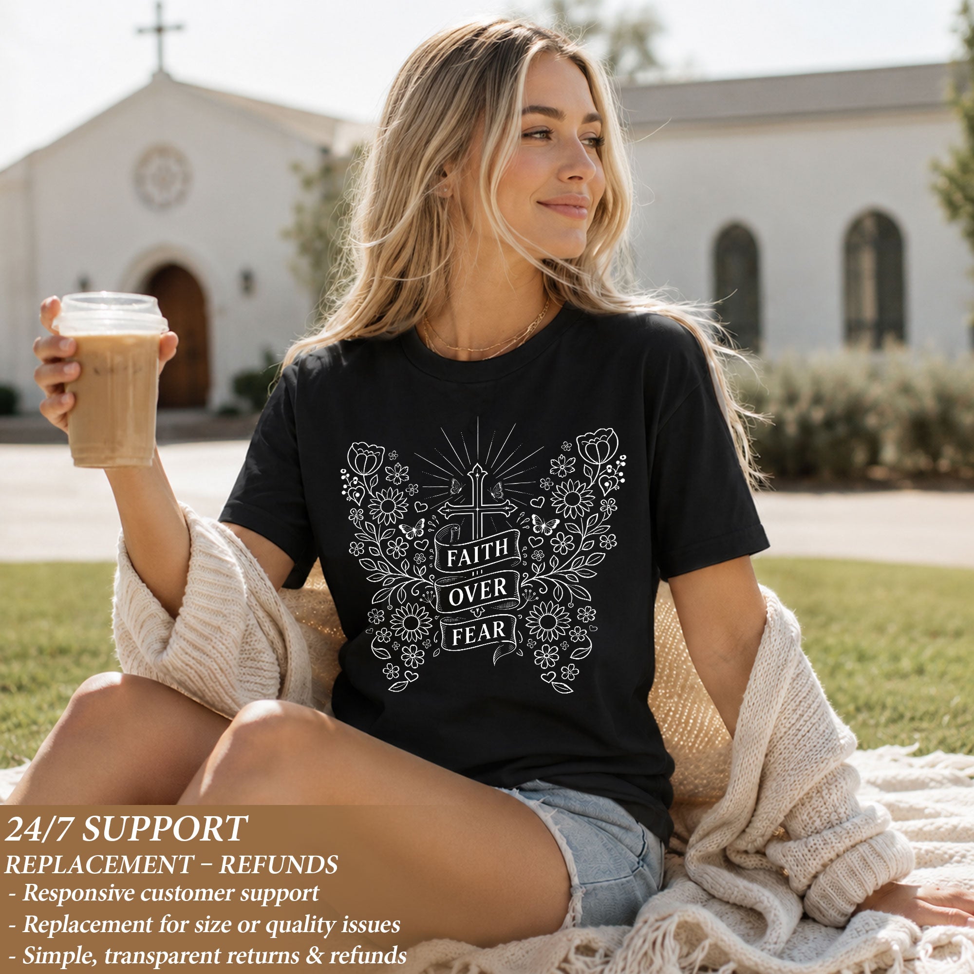 Faith Over Fear Shirt Christian Women Shirt Floral Butterfly Cross Aesthetic Jesus Tee