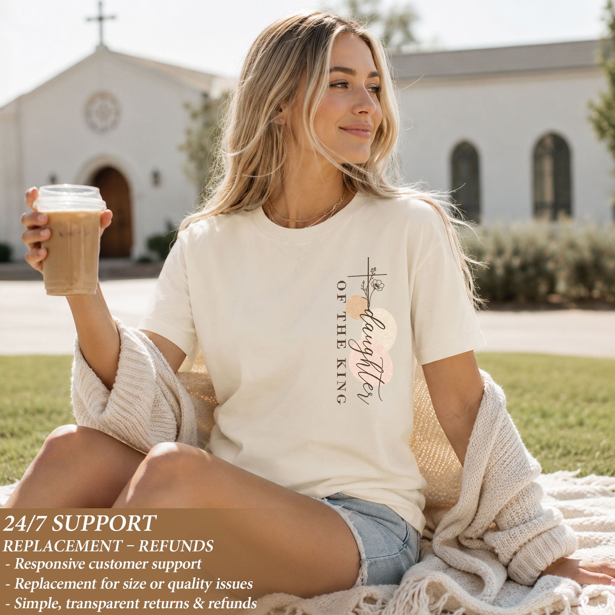 Daughter Of The King Cross Floral Christian Graphic Everyday Tee Shirt For Women