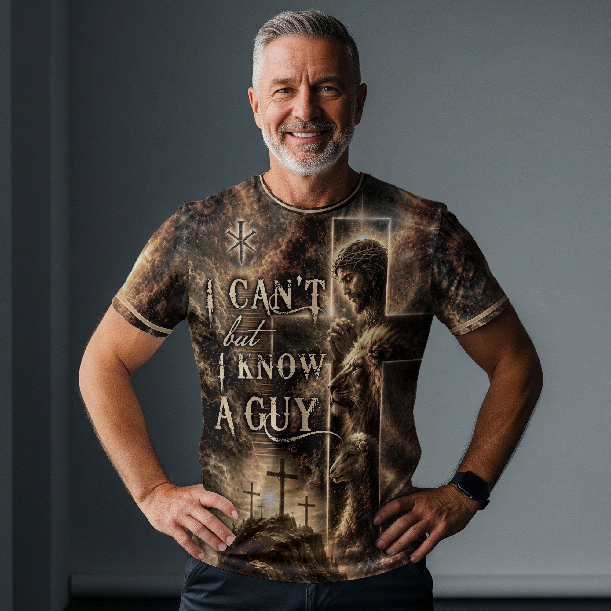I Cant But I Know A Guy Jesus Lamb Lion Cross Christian 3D Graphic Crewneck Shirt Men