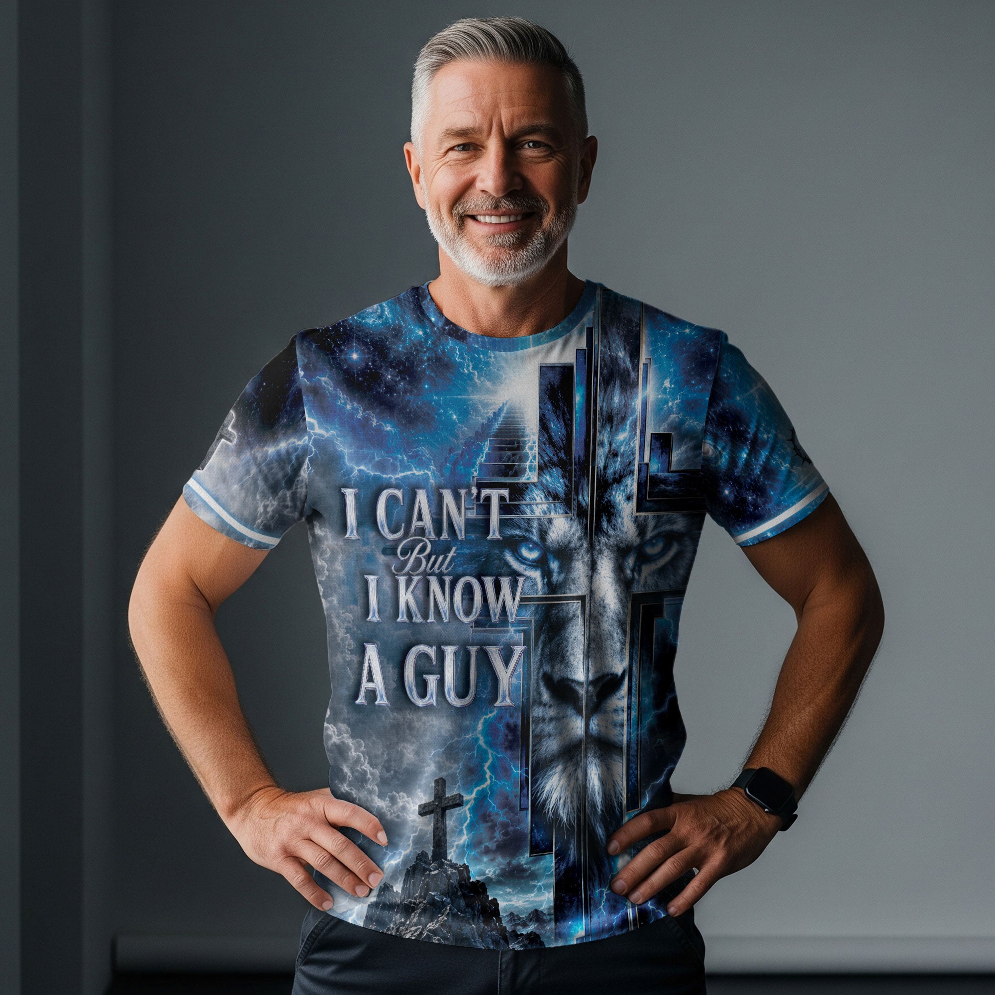 I Cant But I Know A Guy Blue Lion Cross Christian 3D Graphic Crewneck Shirt For Men