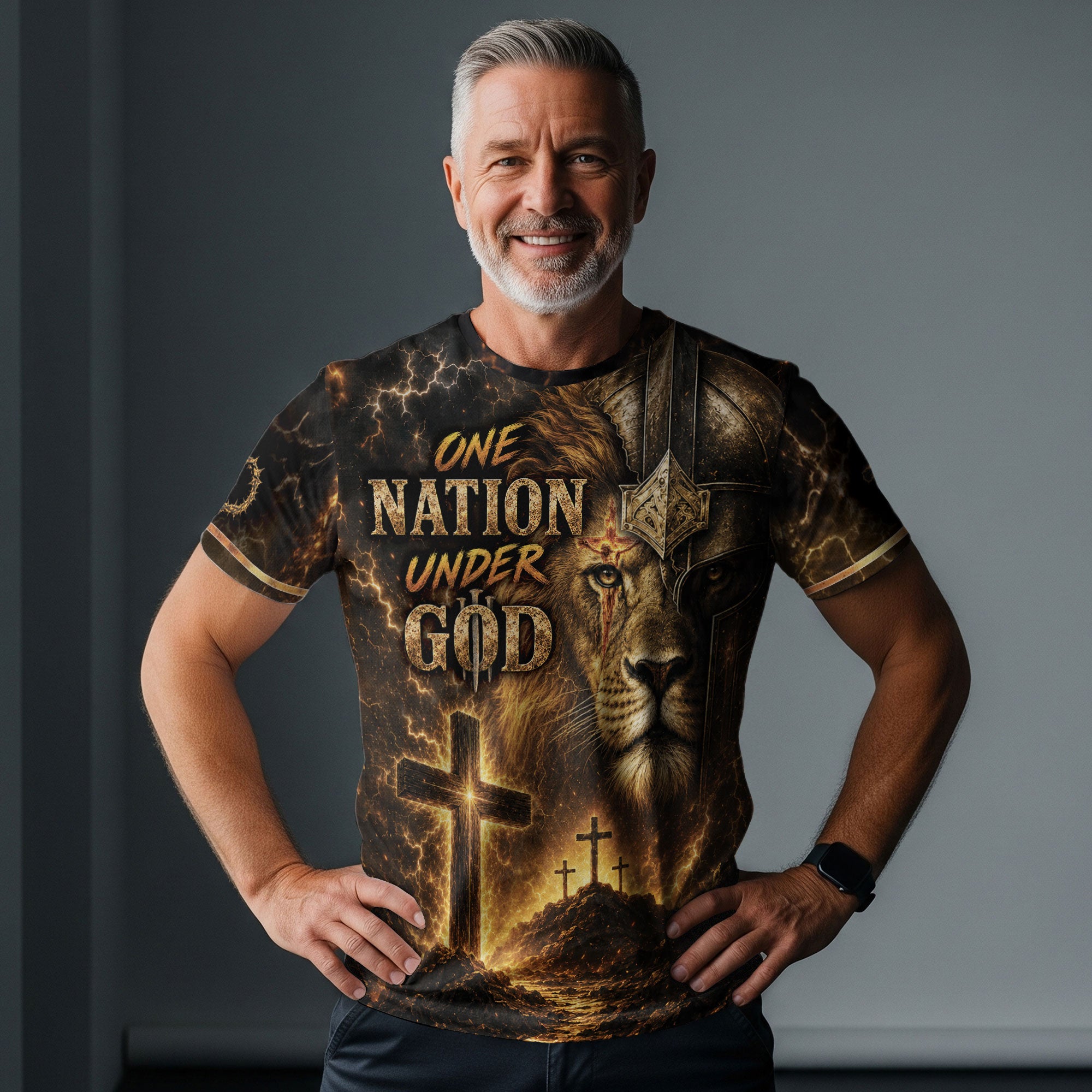 One Nation Under God T Shirt 3D Christian Lion Helmet Armor Cross Patriotic Shirt