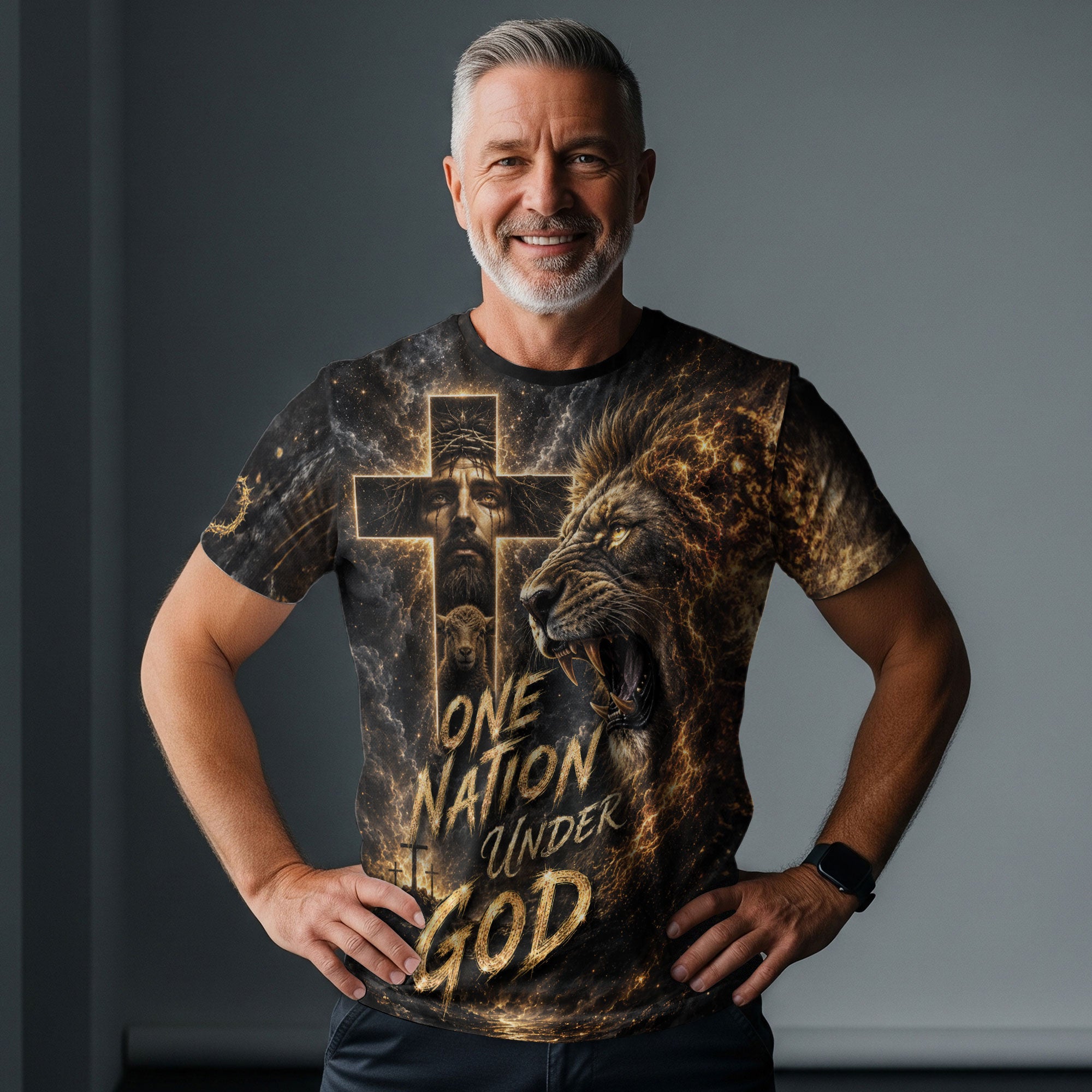 One Nation Under God T Shirt 3D Christian Jesus Lion Lamb Cross Graphic Tee Shirt