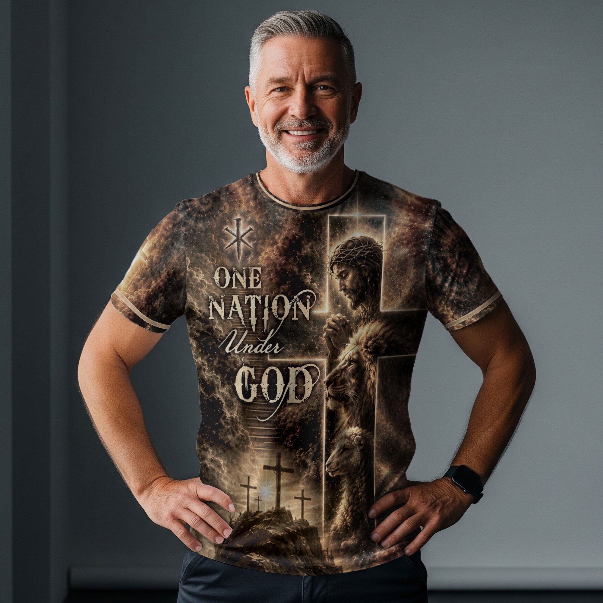 One Nation Under God T Shirt 3D Christian Praying Jesus Lion Lamb Cross Graphic Tee