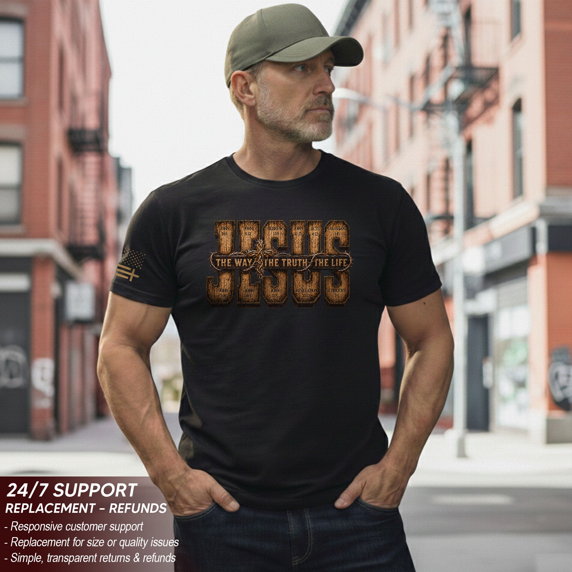Jesus The Way The Truth The Life Scripture Cross Christian Graphic Crewneck Tee Men