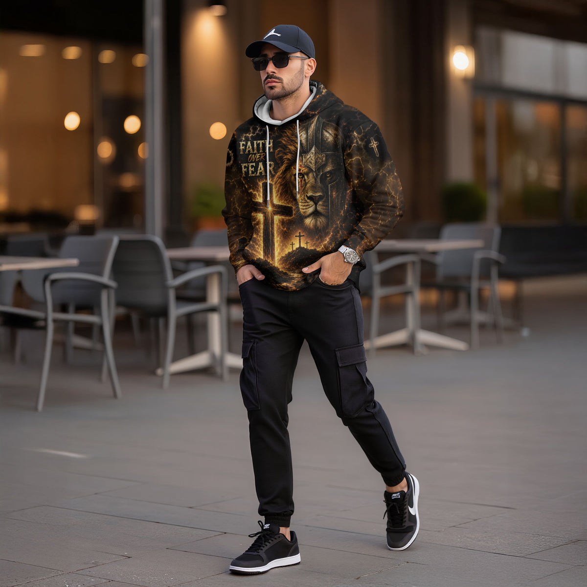 Faith Over Fear 3D Hoodie Lion Christian Cross Warrior Helmet Pullover - Rust Field Wear