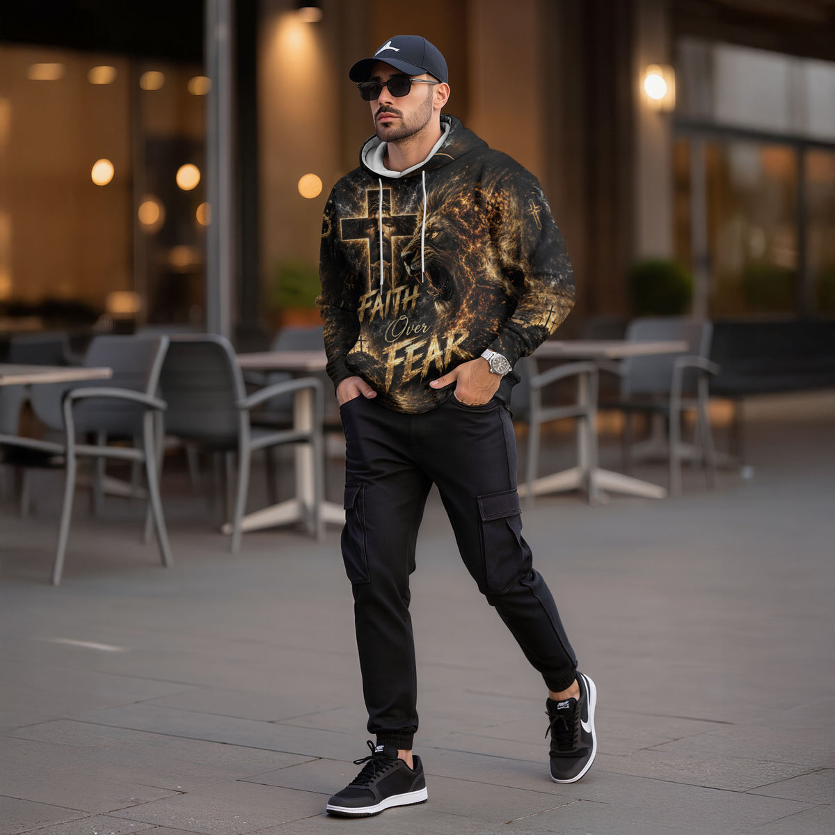 Faith Over Fear 3D Hoodie Jesus Lion Christian Cross Lamb Graphic Pullover - Rust Field Wear