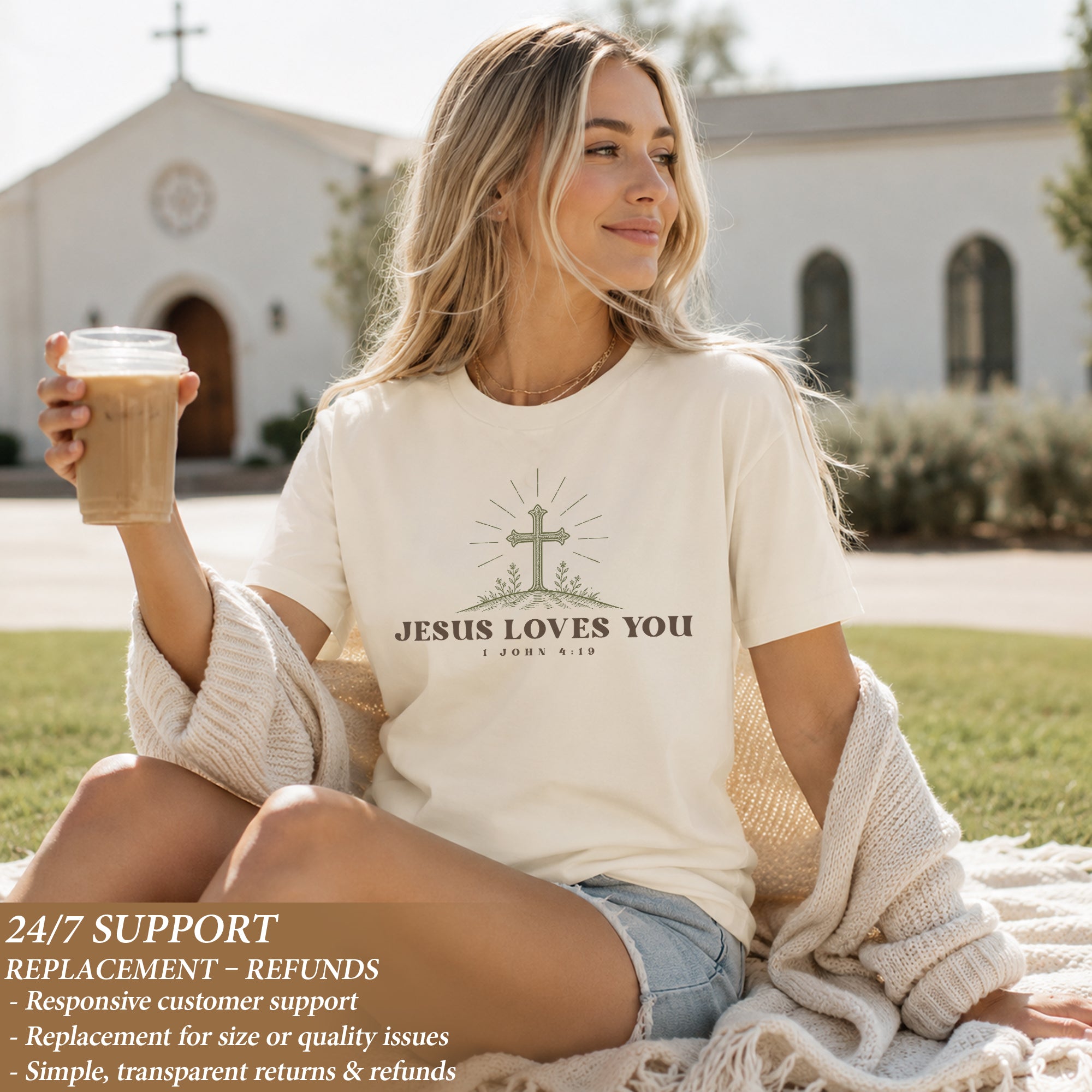 Jesus Loves You 1 John 4 19 Cross Floral Christian Graphic Casual Tee Shirt Women