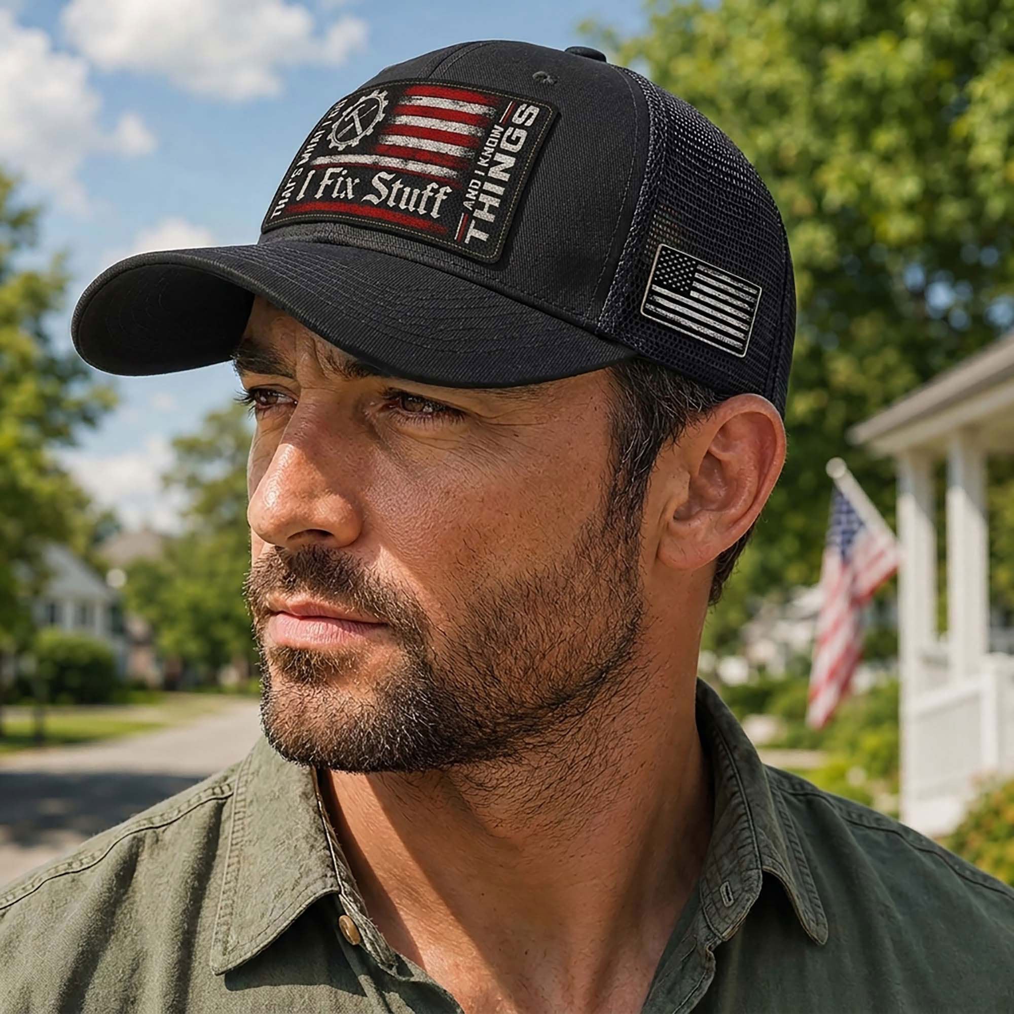 I Fix Stuff Mechanic American Flag Patch Trucker Hat Cool Handyman Dad Gift Idea