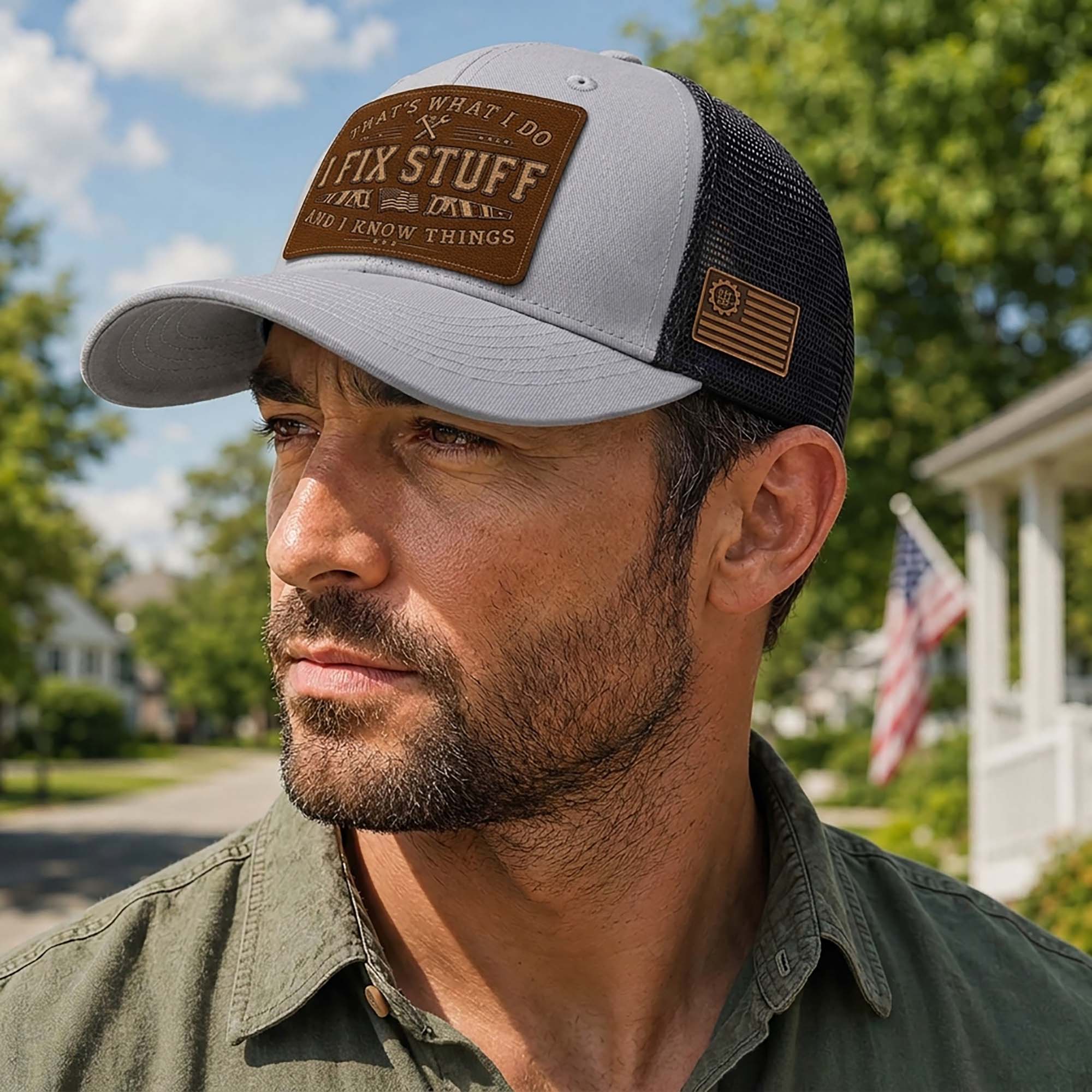That's What I Do I Fix Stuff Leather Patch Gray Trucker Hat Cool Handyman Gift Idea