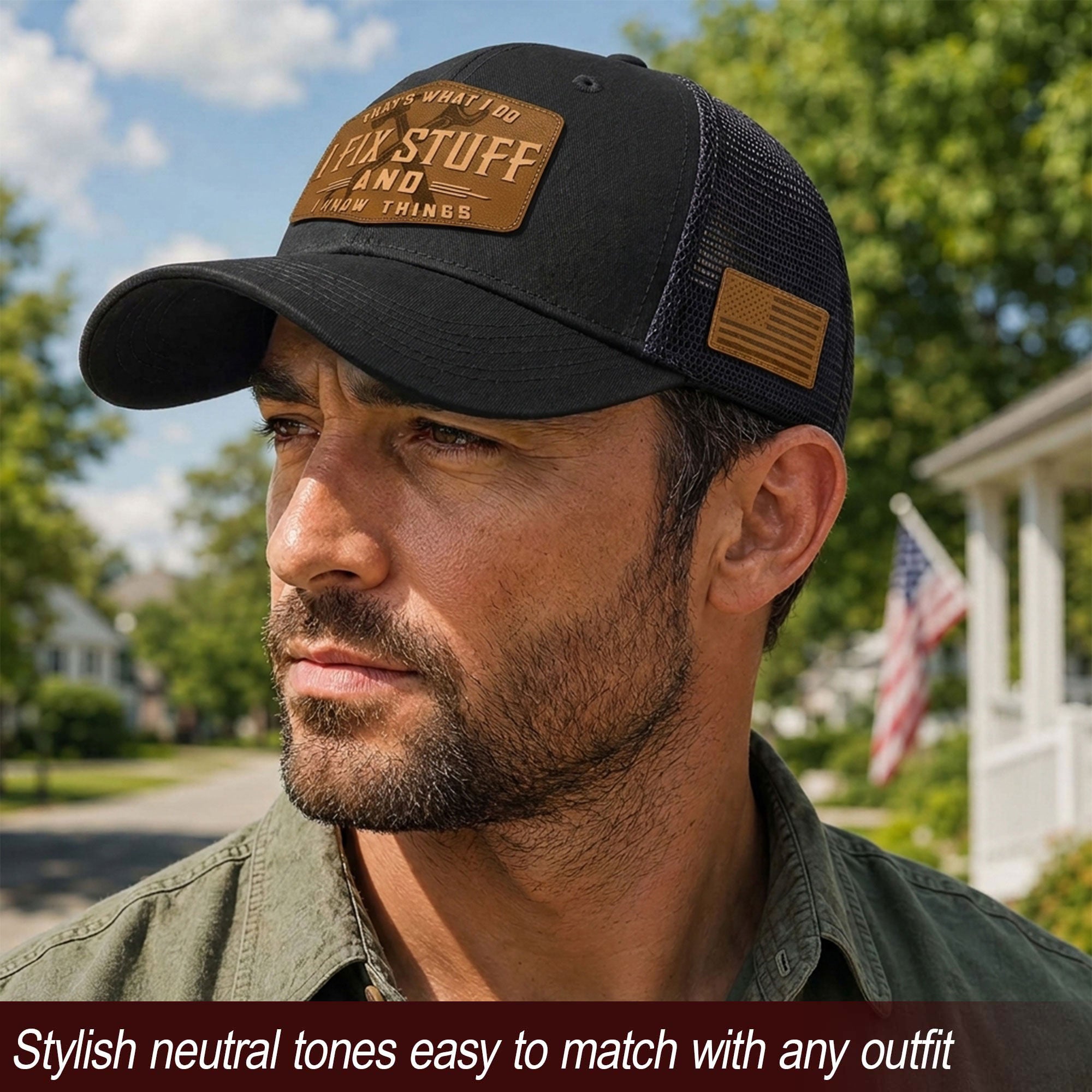 Black I Fix Stuff And I Know Things Hexagon Laser Engraved Leather Patch Trucker Hat - Rust Field Wear