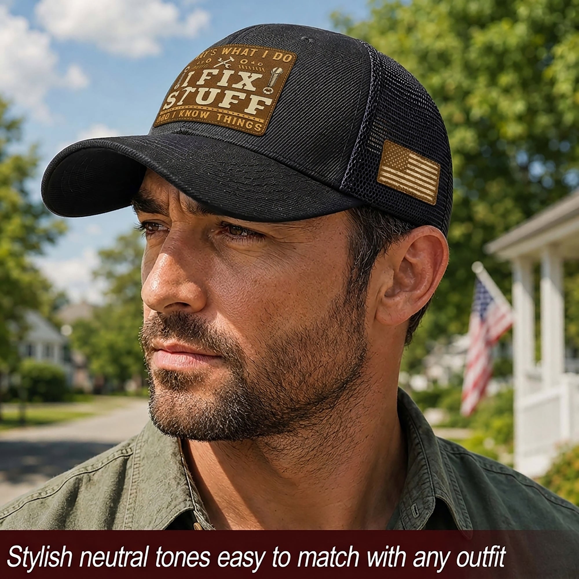 Black I Fix Stuff And I Know Things Square Laser Engraved Leather Patch Trucker Hat - Rust Field Wear