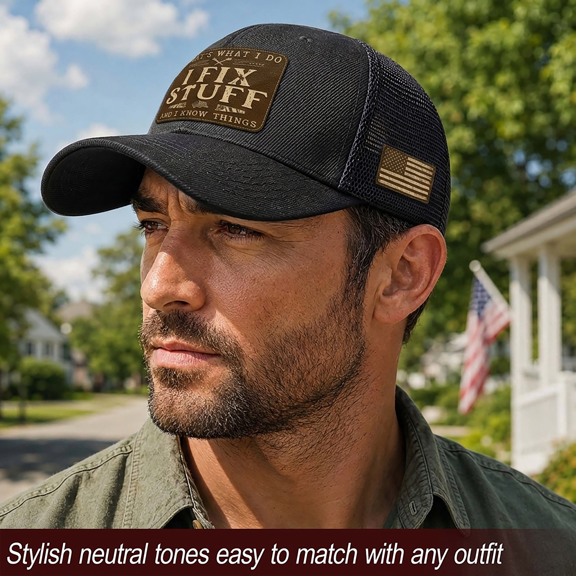 Black I Fix Stuff And I Know Things Saw Laser Engraved Leather Patch Trucker Hat - Rust Field Wear