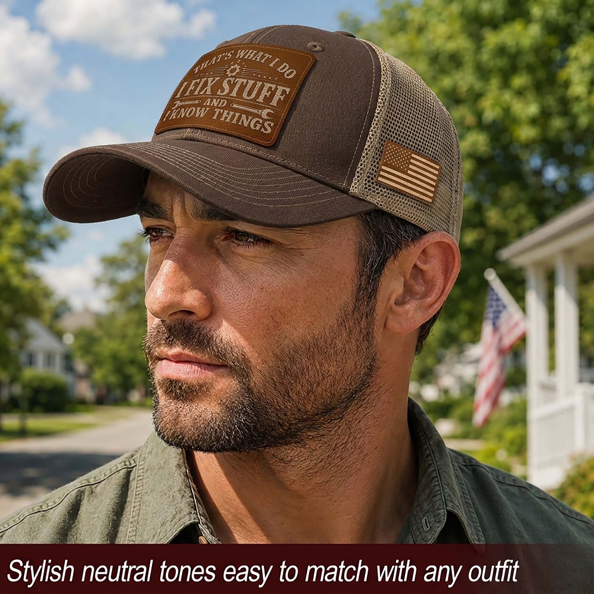 I Fix Stuff And I Know Things Laser Engraved Leather Patch Trucker Hat Mechanic Cap - Rust Field Wear