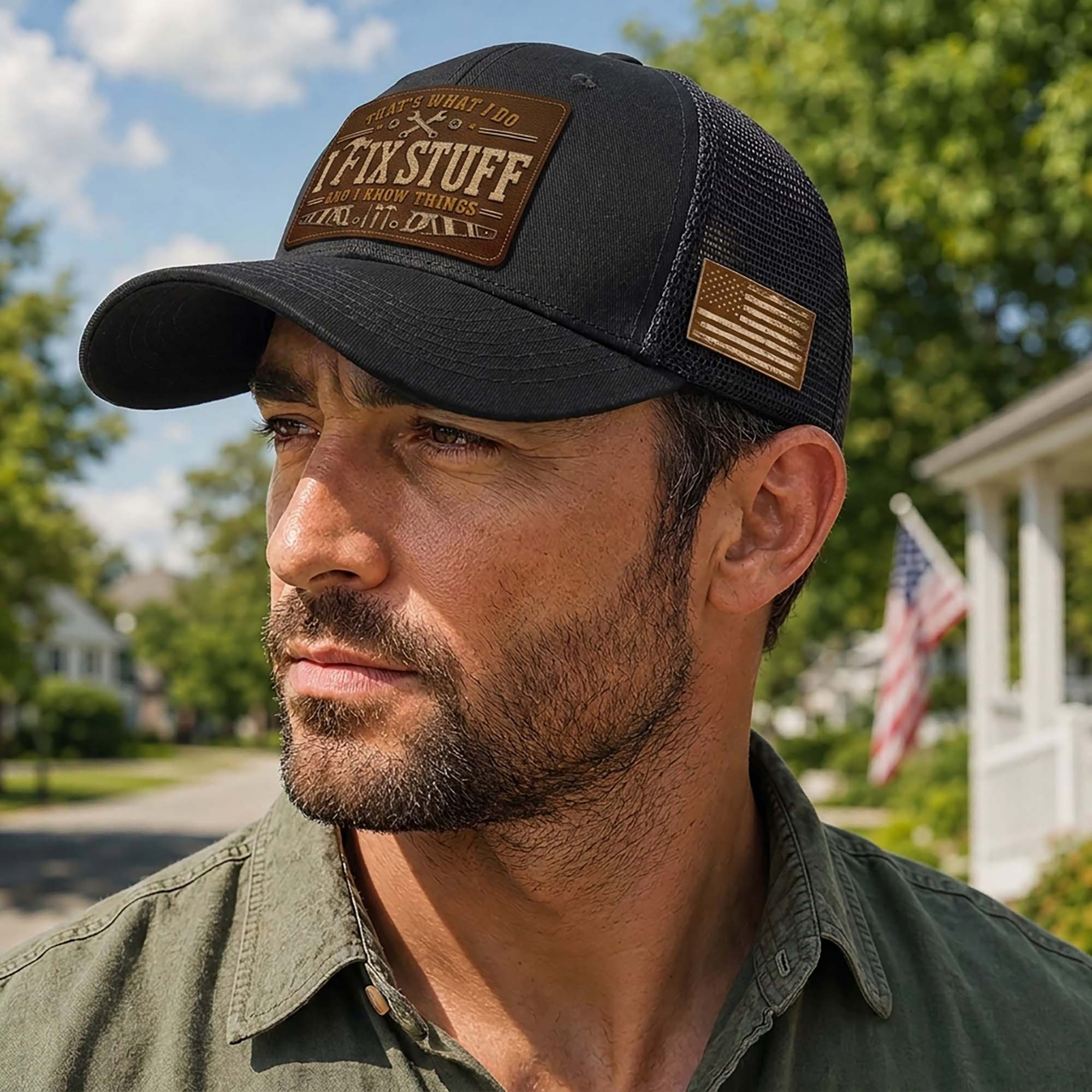 Black I Fix Stuff And I Know Things Laser Engraved Leather Patch Trucker Hat Cap - Rust Field Wear