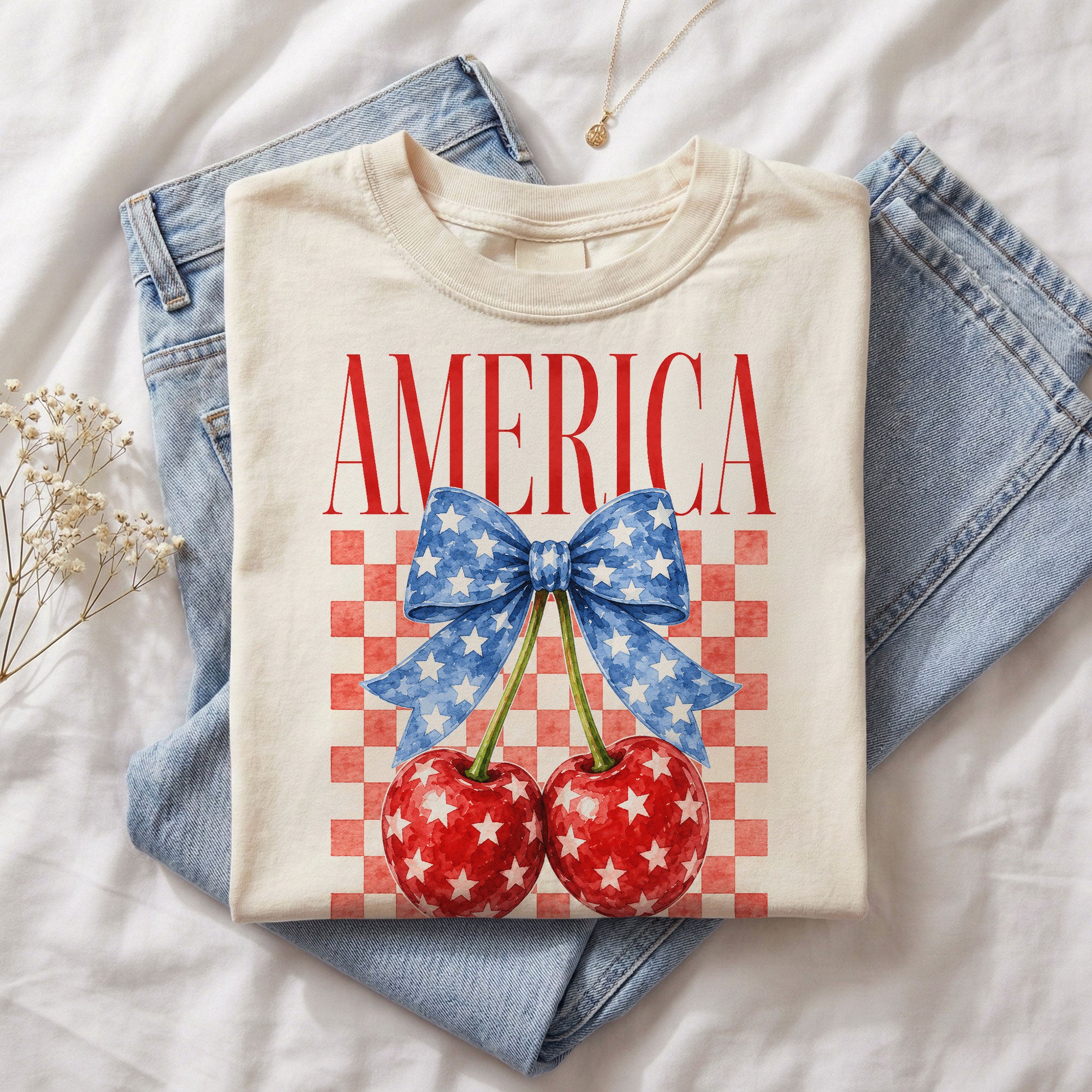 America Cherry Graphic T-Shirt Cute Patriotic Stars Bow Vintage Aesthetic Tee