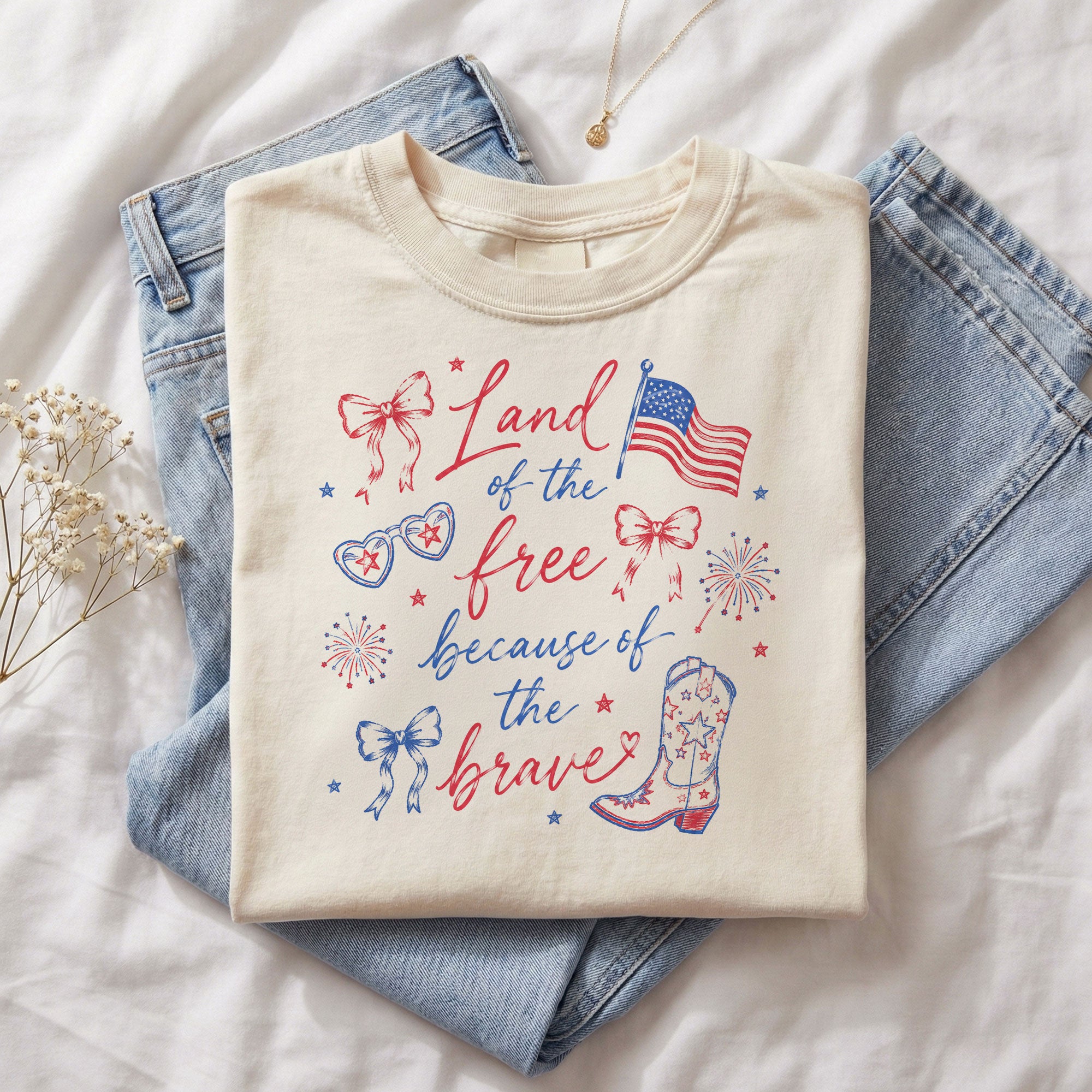 Land Of The Free Because Of The Brave T-Shirt Patriotic Cowgirl Boots Graphic Tee