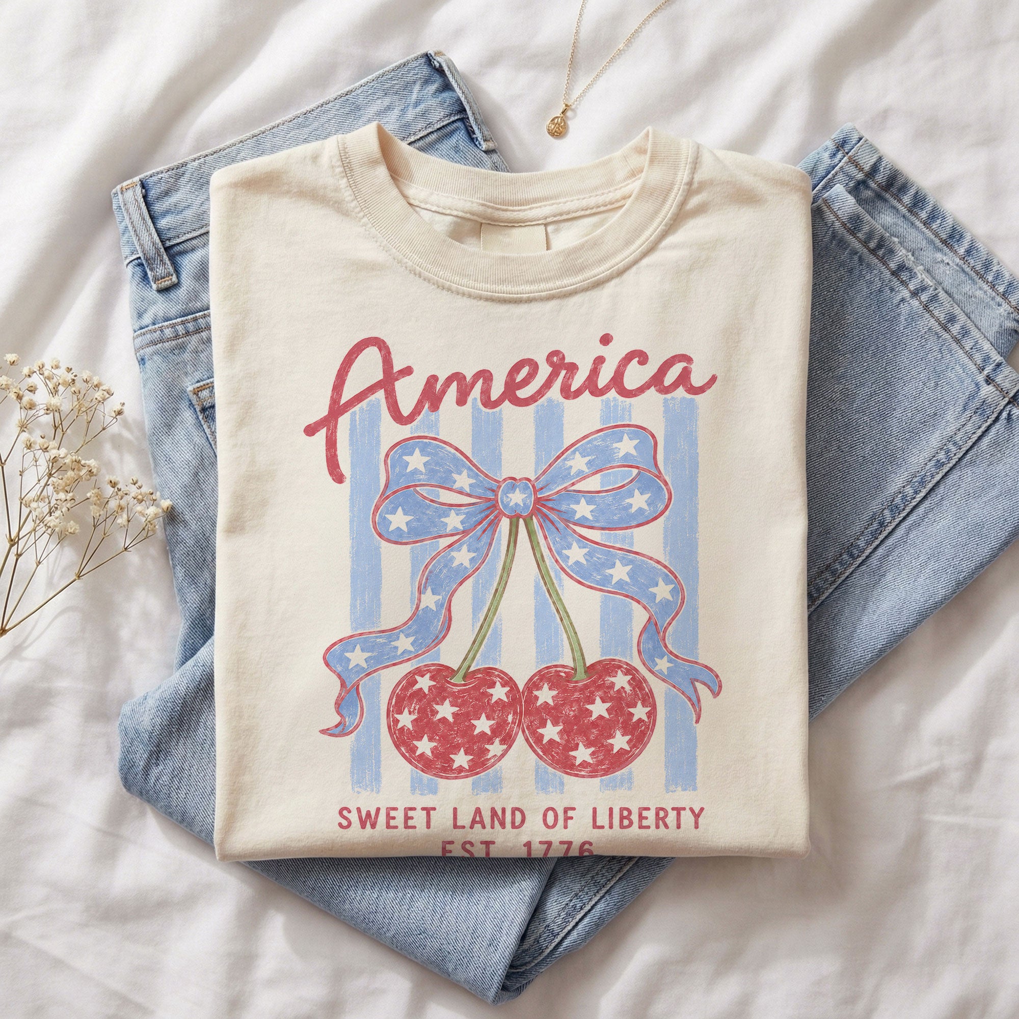 America Sweet Land Of Liberty T-Shirt Vintage Patriotic Cherry Stars Bow Graphic Tee