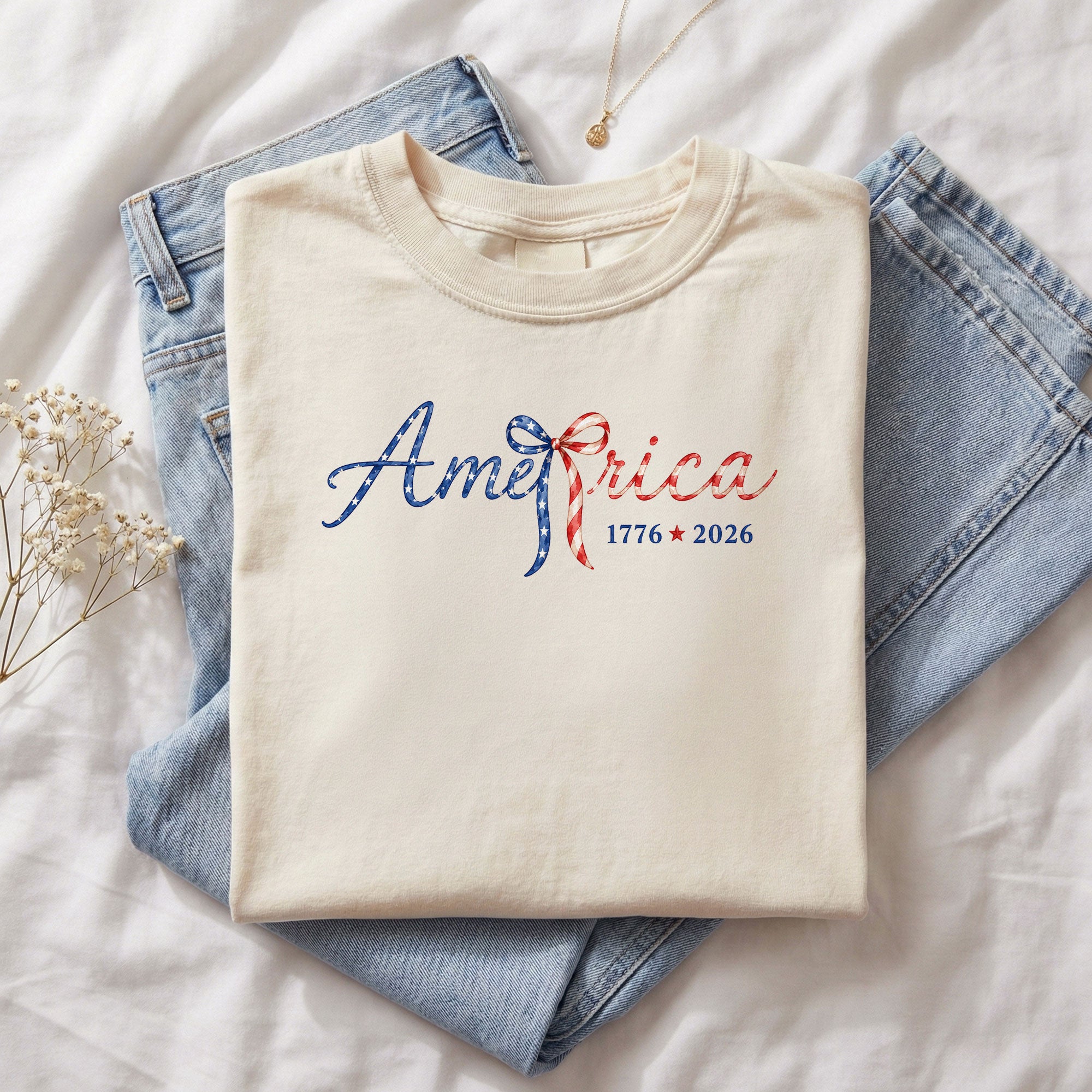 America 1776 2026 T-Shirt Cute Patriotic Stars Stripes Bow Graphic Aesthetic Tee