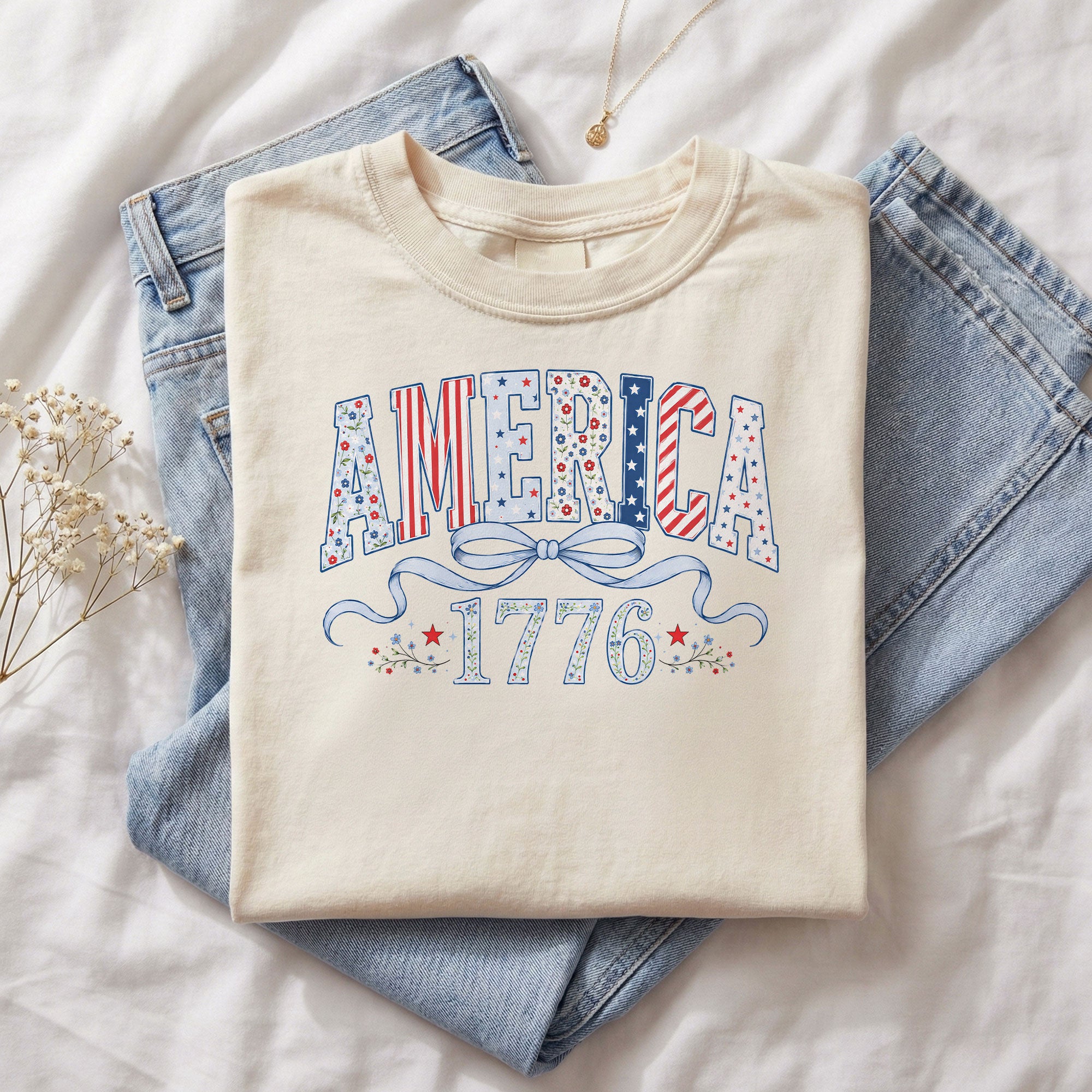 America 1776 Floral T-Shirt Vintage Patriotic Coquette Bow Stars Graphic Tee