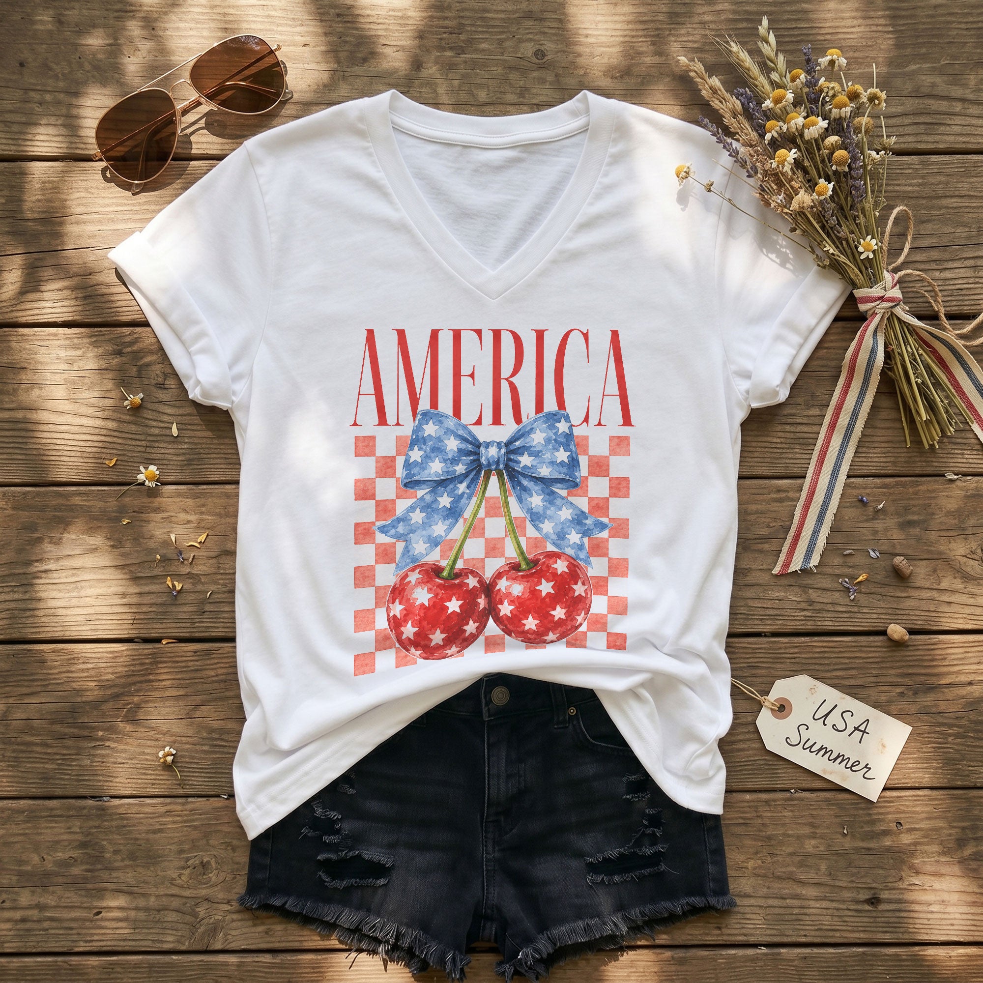 Women's V-Neck Patriotic Cherry Graphic T-Shirt - Cute American Flag Style Summer Top
