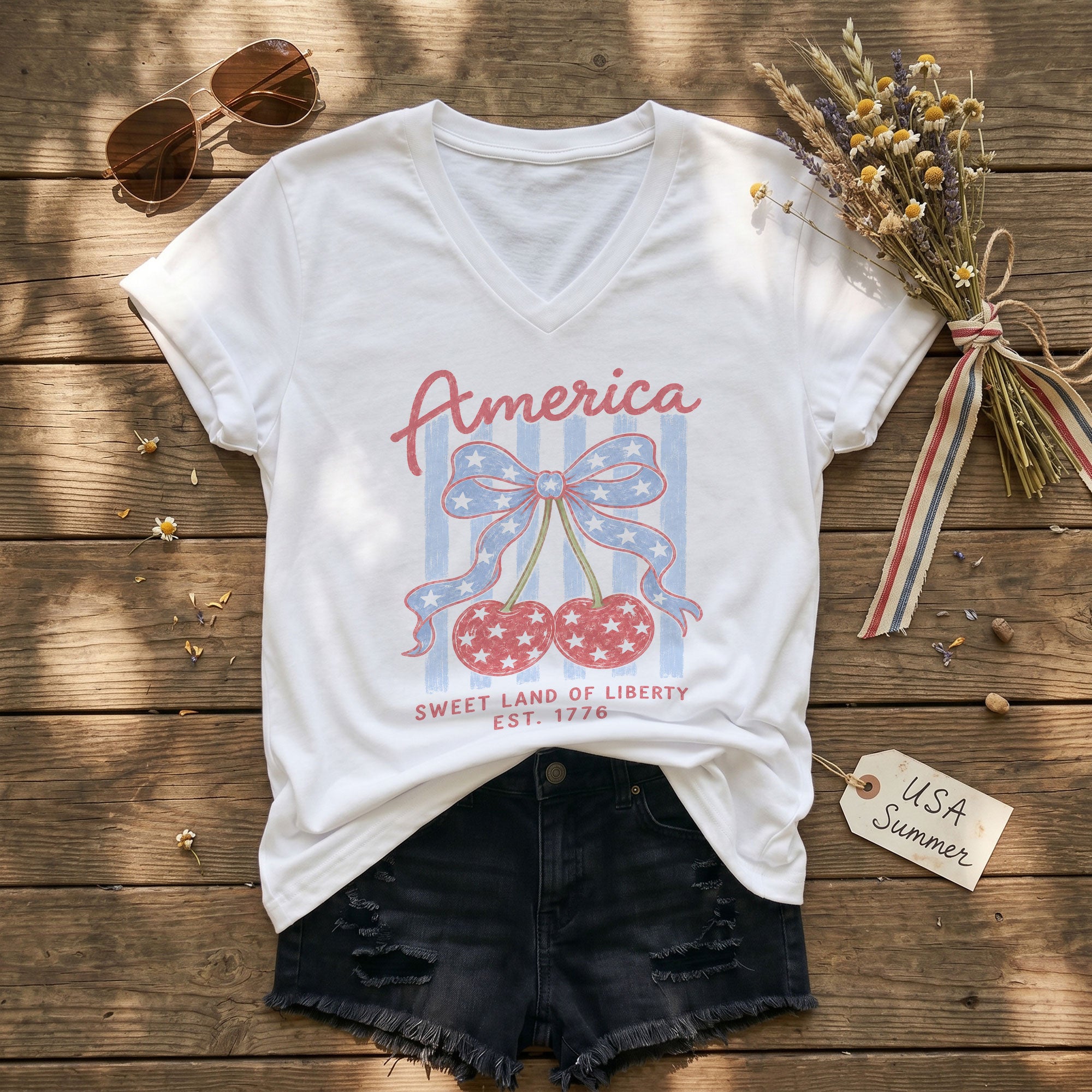 Women's America Cherry V-Neck Tee - Sweet Land of Liberty 1776 Patriotic Summer Shirt