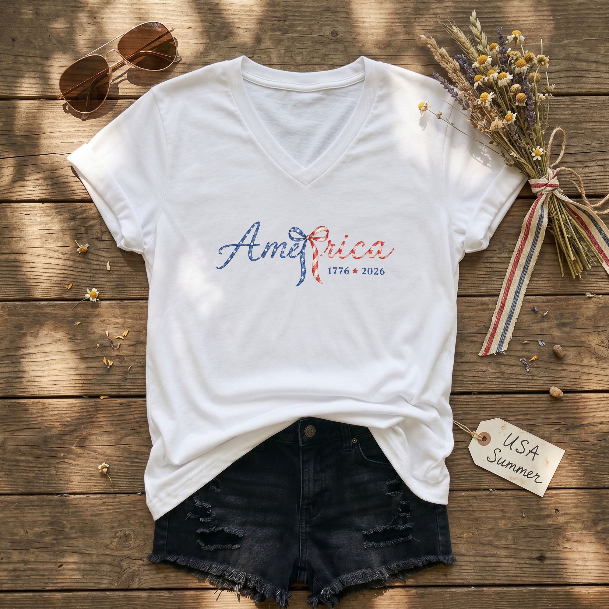 Stylish America 1776-2026 V-Neck T-Shirt - Cute Patriotic Women's Short Sleeve Top