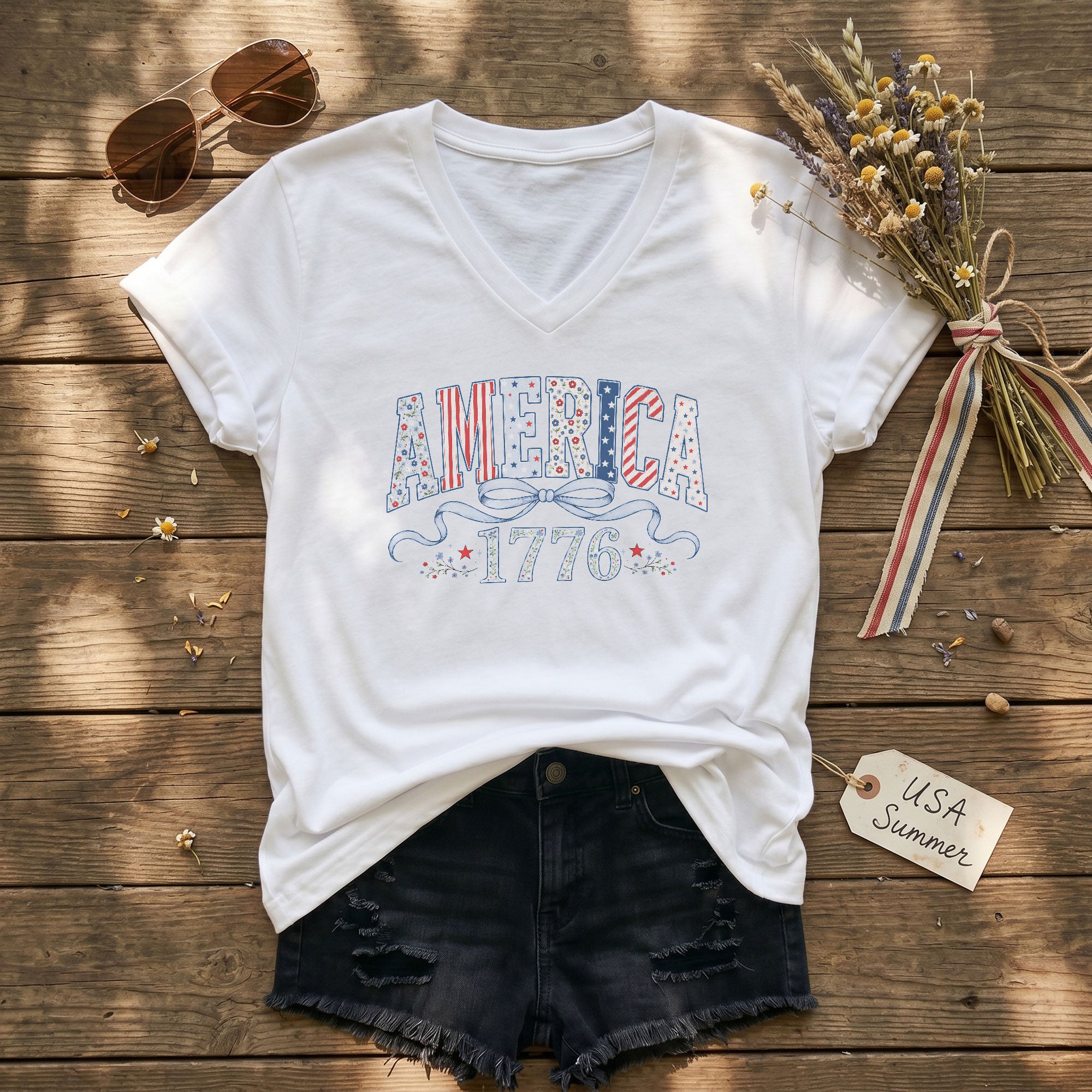 America 1776 V-Neck Graphic Shirt - Stylish Patriotic Women's Short Sleeve Top