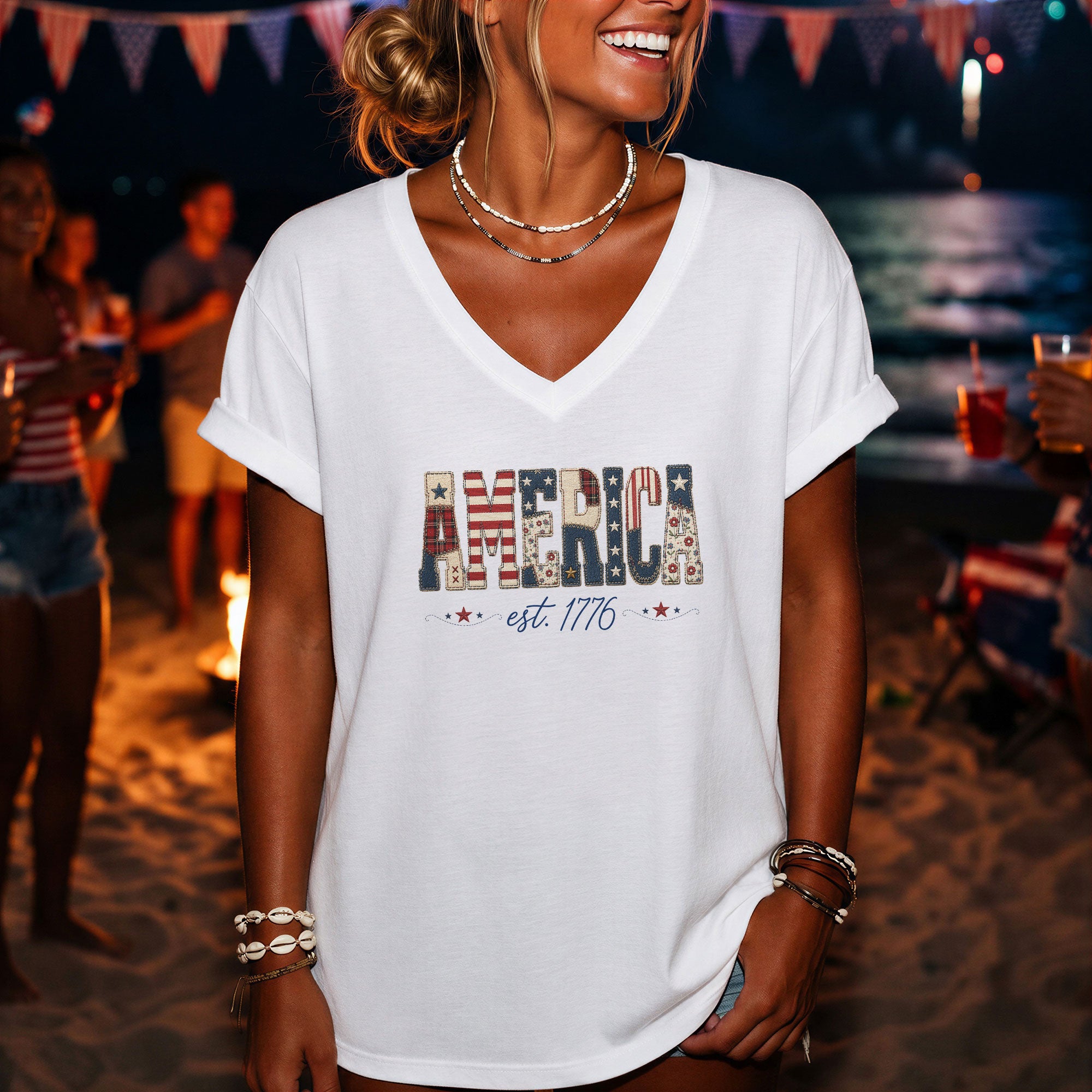America Est. 1776 V-Neck Graphic Tee - Patriotic Women's Casual White Summer Shirt