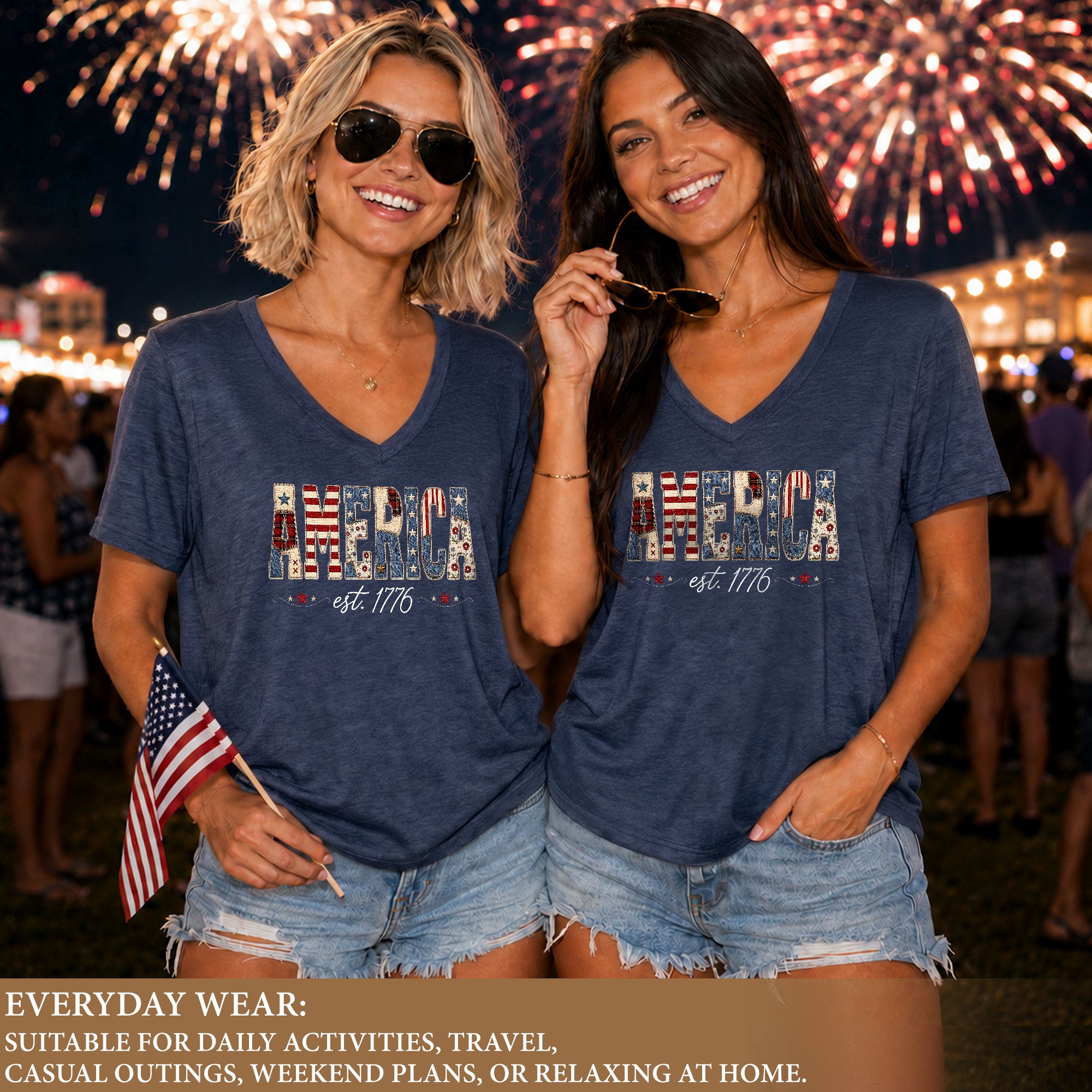 Patriotic America Est. 1776 V-Neck Tee - Women's Custom Graphic Summer Top