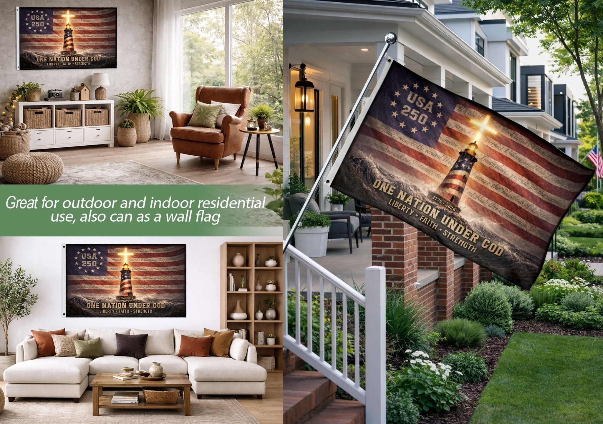 USA 250 Lighthouse Cross Flag – One Nation Under God Christian Patriotic Outdoor Flag 1776–2026 - Rust Field Wear