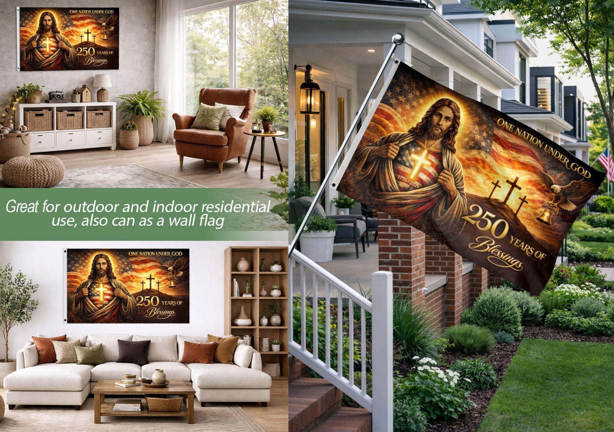 Christian American Heritage 250th Anniversary Flag - Jesus, Eagle, Liberty Bell & Crosses Outdoor Banner - Rust Field Wear