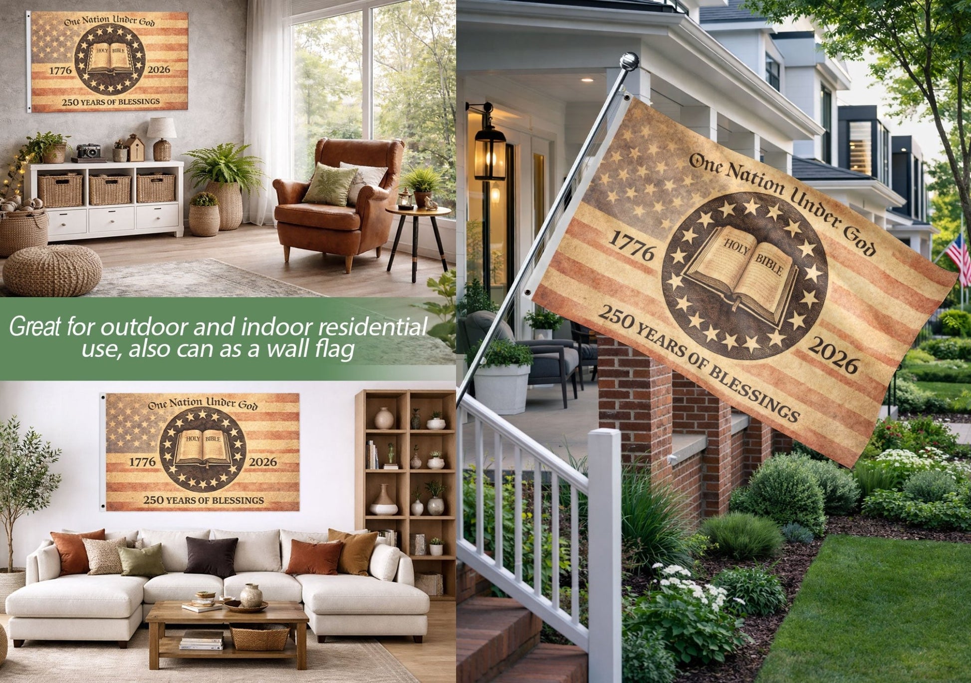 One Nation Under God America Christian Patriotic 250th Anniversary Flag - 250 Years of Blessings Holy Bible & Cross Banner, 1776-2026 Patriotic Double Sided Flag - Rust Field Wear