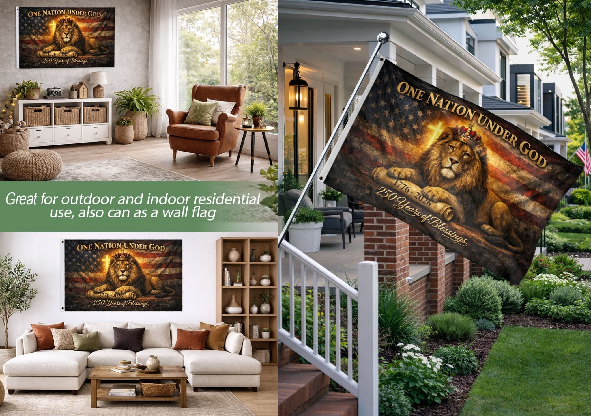 Lion of Judah American Heritage Flag - 250 Years of Blessings Patriotic Banner, One Nation Under God Double Sided 1776-2026 Flag - Rust Field Wear
