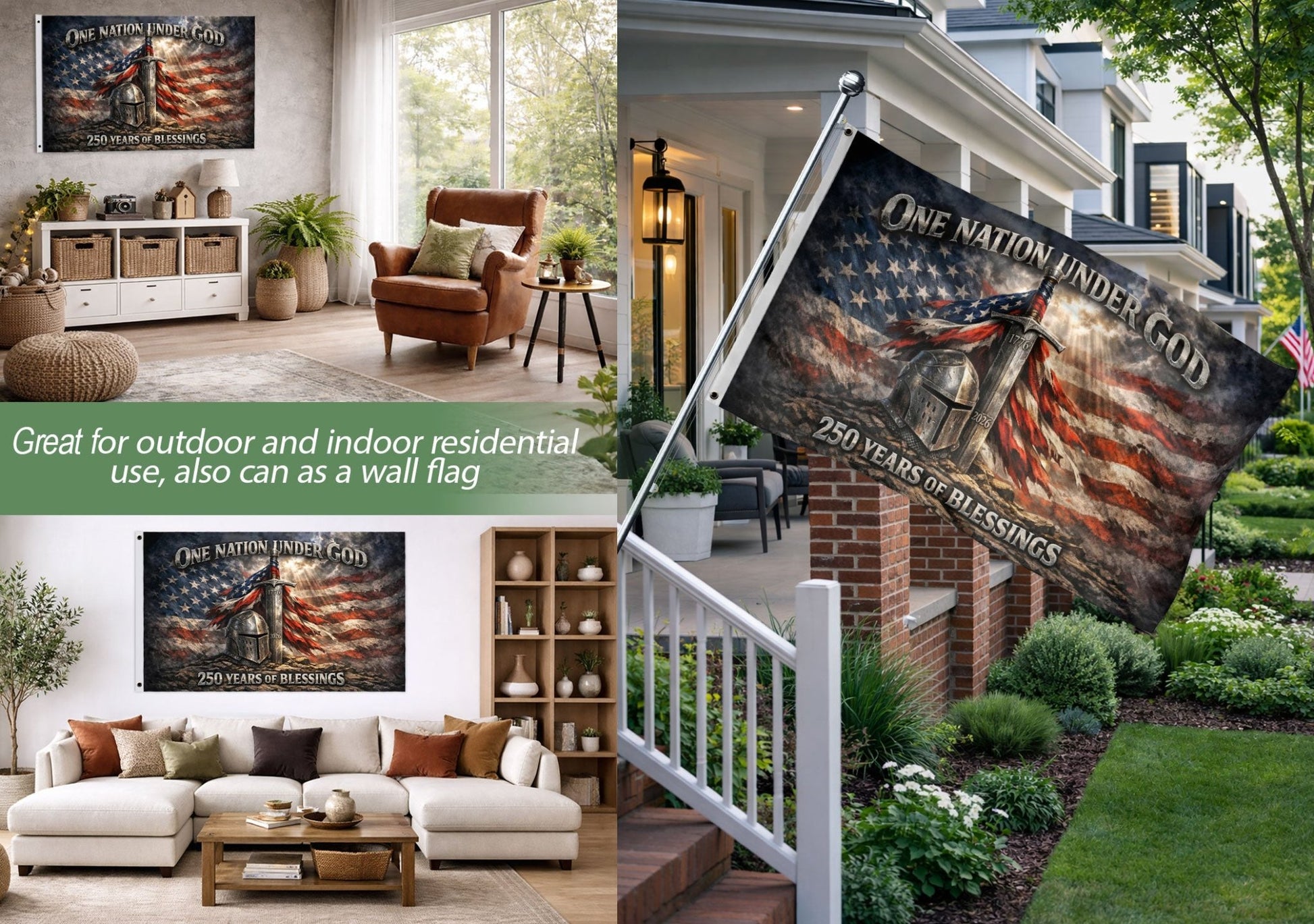 Christian Patriotic One Nation Under God USA 250th Birthday Flag - 250 Years of Blessings, Double Sided Flag - Rust Field Wear
