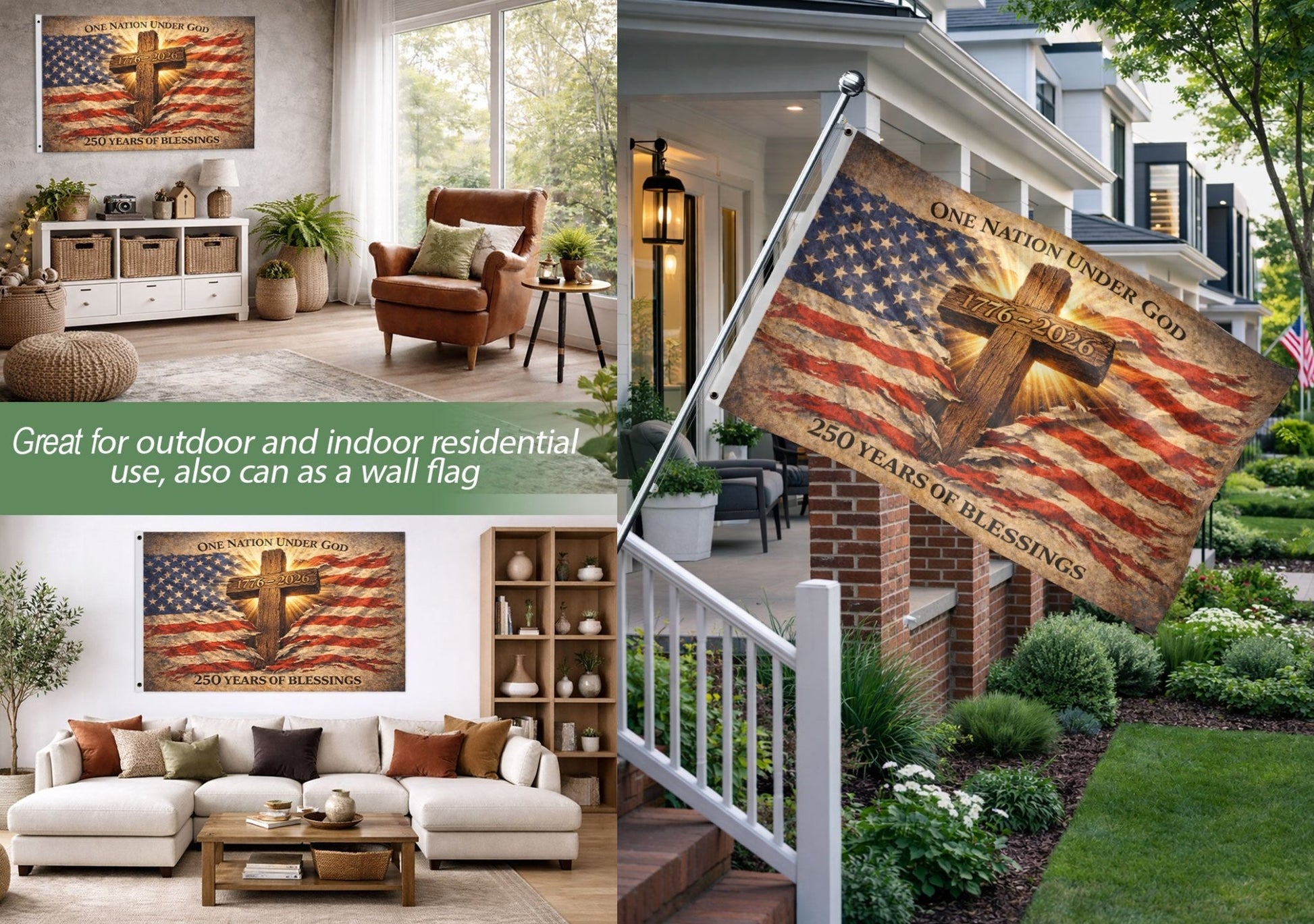 One Nation Under God 250th Anniversary Flag (1776–2026) – Cross and American Flag Christian Patriotic Banner - Rust Field Wear