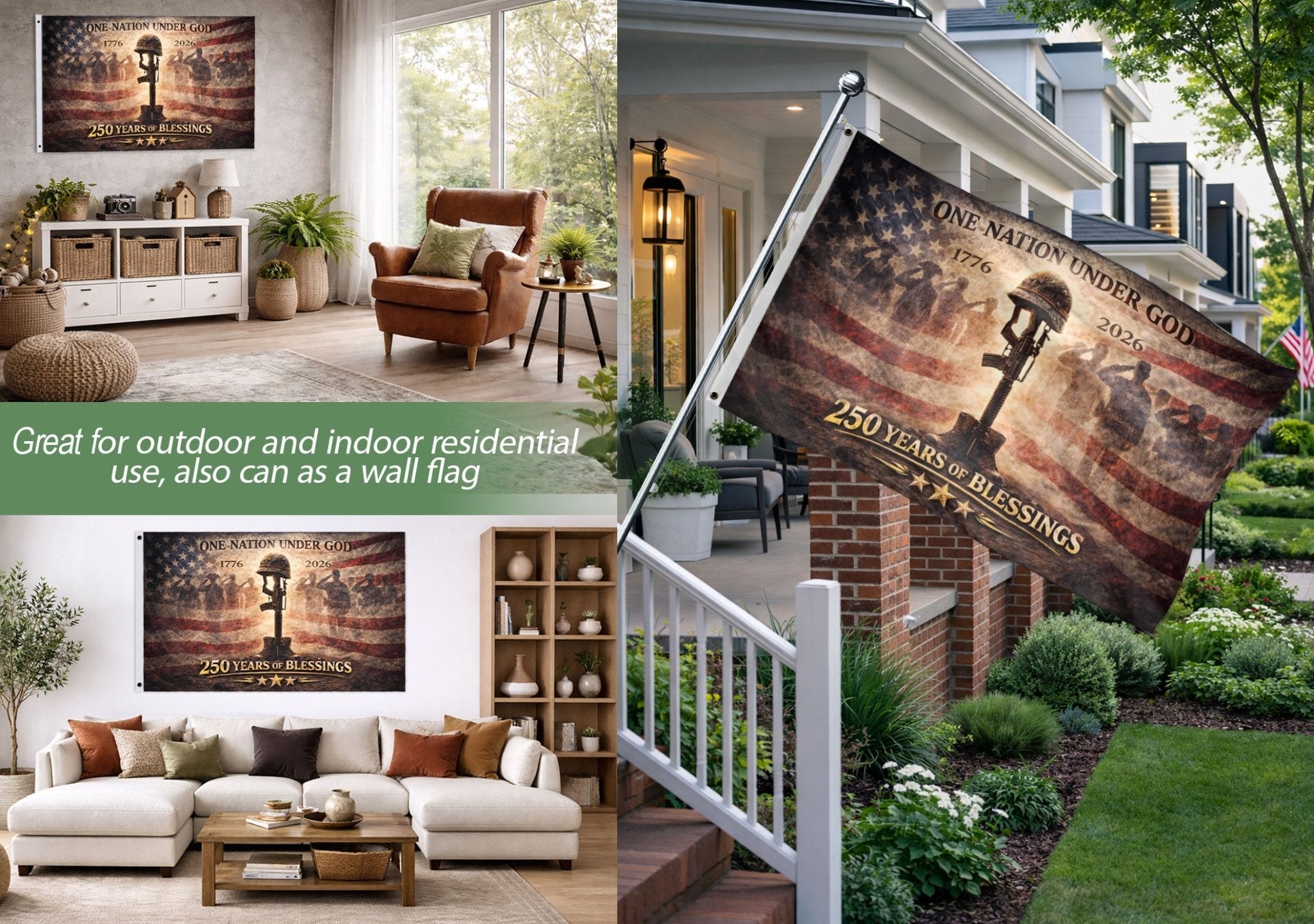 250 Years America Anniversary Military Flag, Double Sided House Banner - Fallen Soldier Battle Cross 1776-2026 - Rust Field Wear