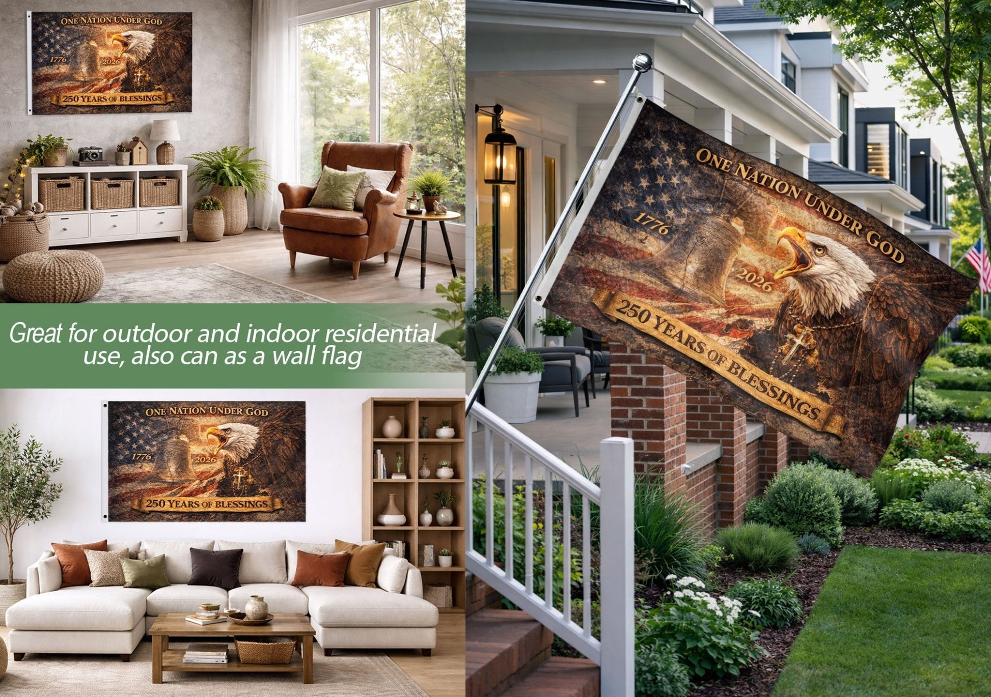 250 Years of Blessings USA Flag, Patriotic Eagle & Liberty Bell - 1776-2026 Double-Sided Banner - Rust Field Wear