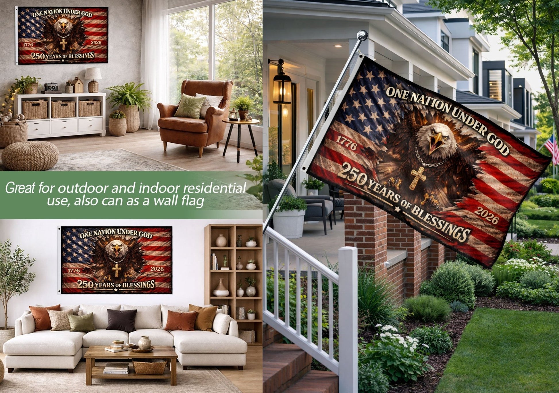 One Nation Under God 250th Anniversary Flag (1776–2026) – Bald Eagle and Cross Patriotic Christian Banner - Rust Field Wear