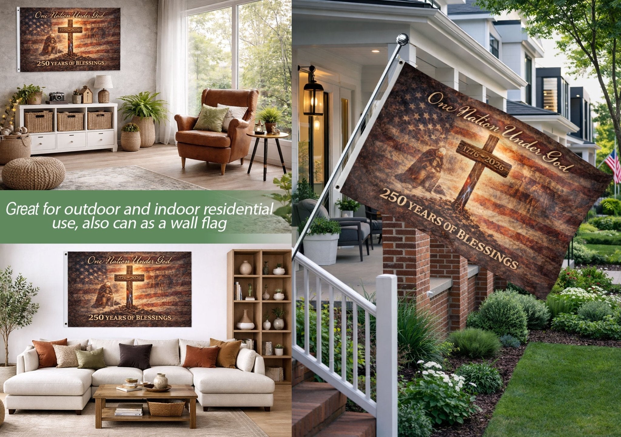 250 Years America Anniversary Flag, One Nation Under God 250 Years of Blessings Decor - Double Sided Faith & Patriotic House Banner - Rust Field Wear