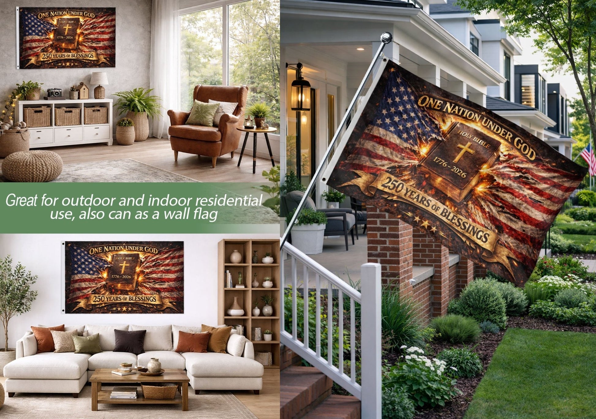 1776-2026 One Nation Under God 250th Anniversary Flag, 250 Years of Blessings & Holy Bible America - Double Sided Christian USA House Flag - Rust Field Wear